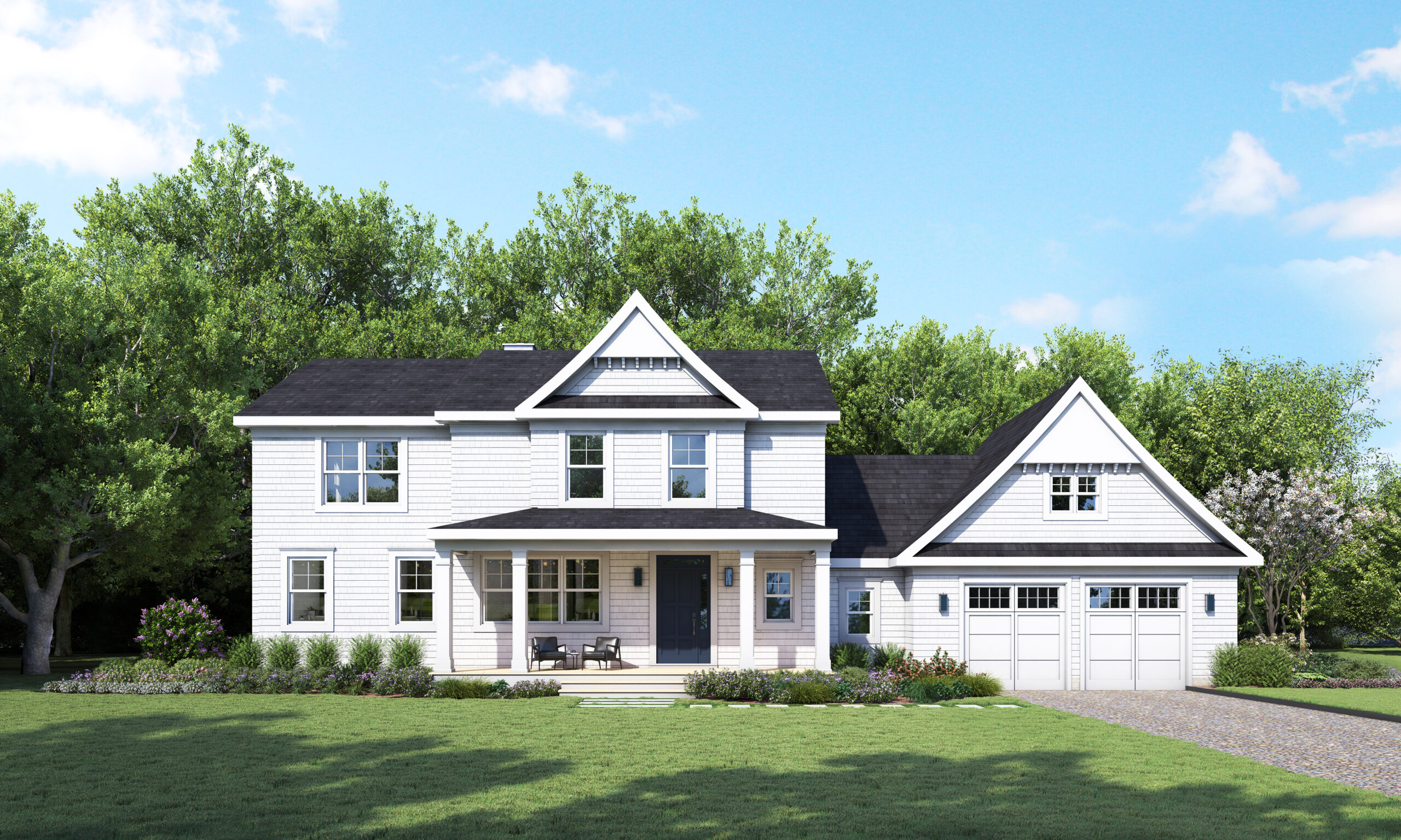 A rendering of the Commodore model with white shake siding.  COURTESY DOUGLAS ELLIMAN