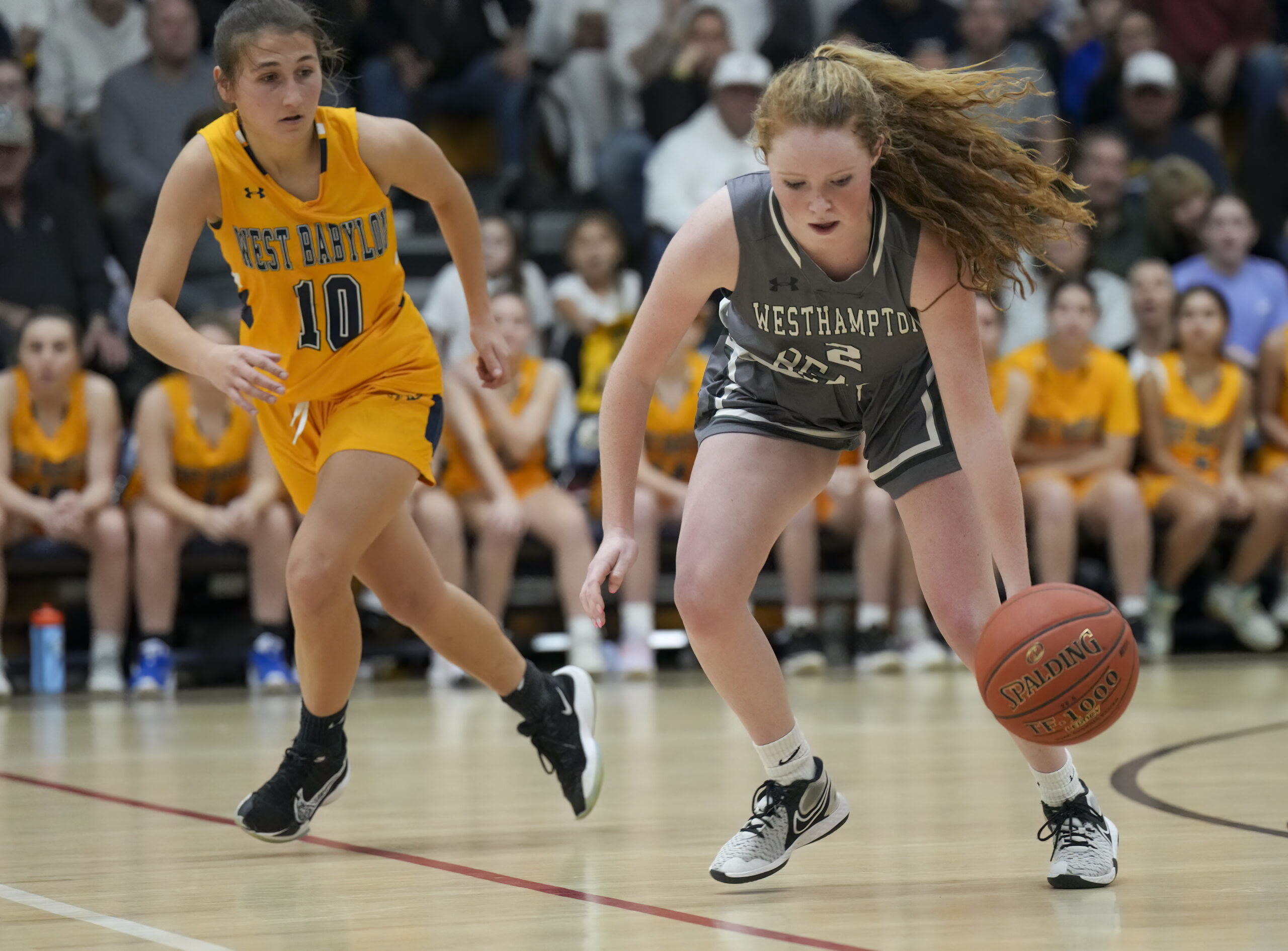 Westhampton Beach junior Sarah Gormley brings the ball downcourt.   RON ESPOSITO