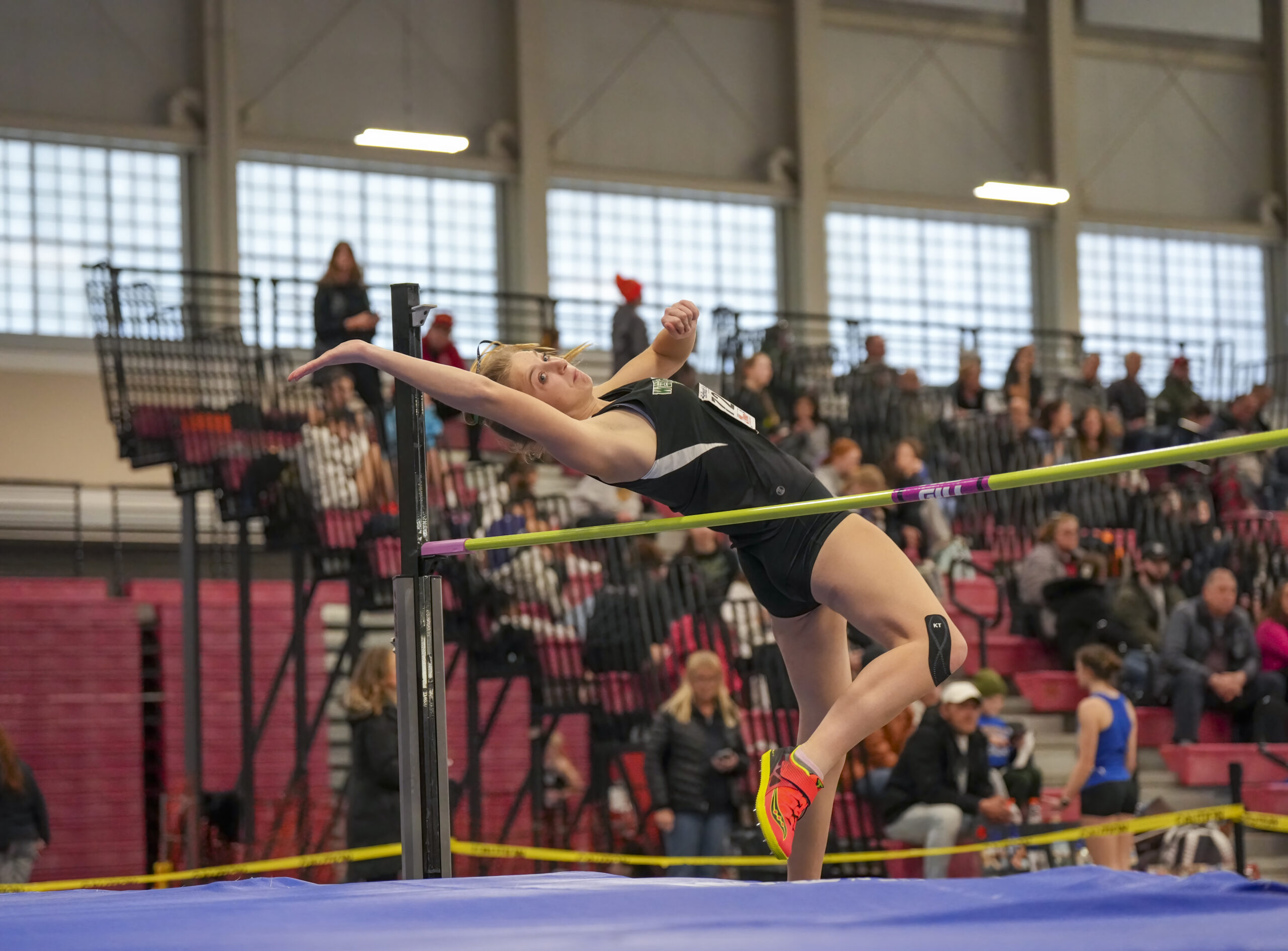 Madison Phillips competing in the high jump, one of three events for her. RON ESPOSITO