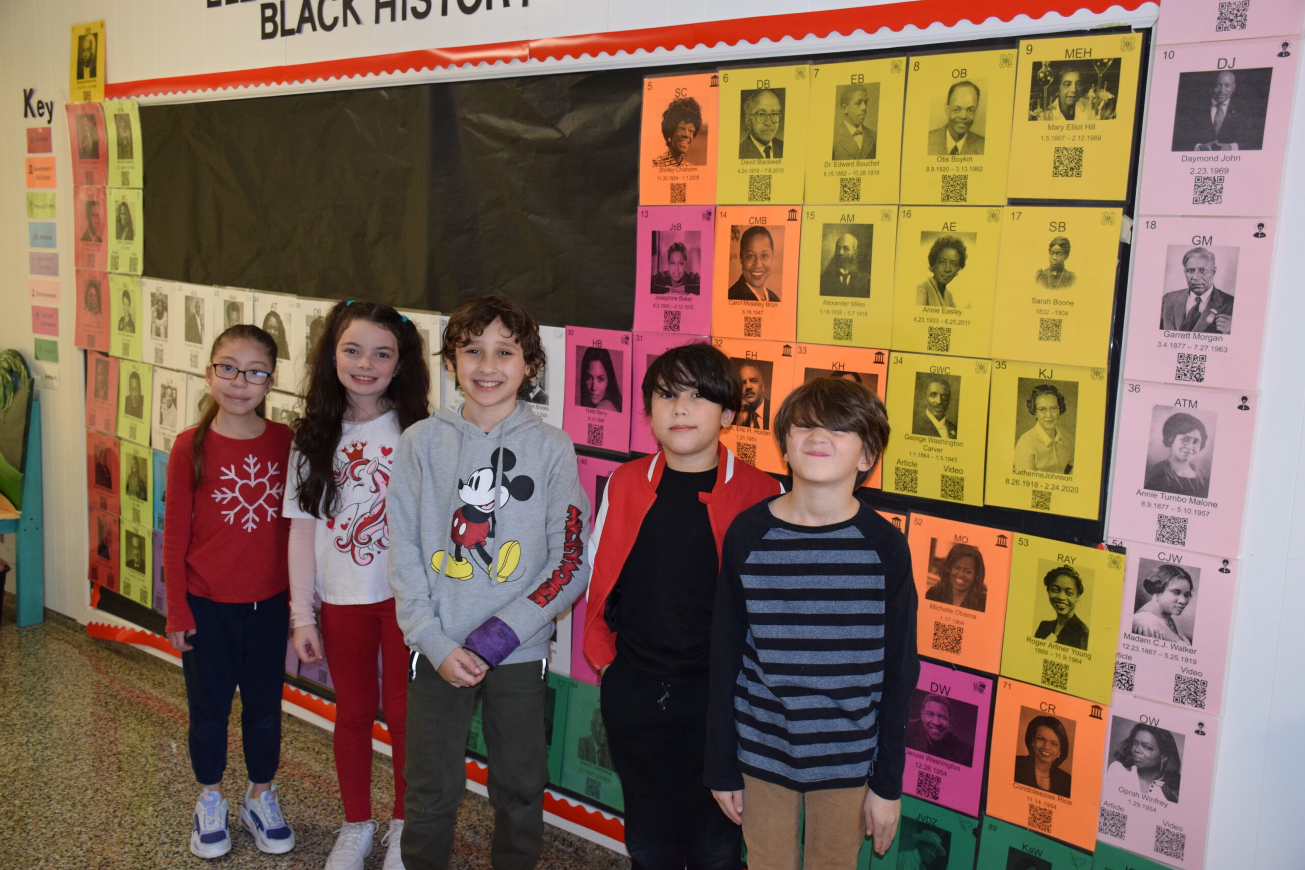 In honor of Black History Month, Westhampton Beach Elementary School students are learning about influential African Americans through an interactive display in the school’s main hallway. The “Essential Elements of Black History” display, set up in the form of the Periodic Table of Elements, features QR codes that students can scan to access more information from a variety of age-appropriate, online sources. In addition, students are working to build a “Rooted & Grounded in Black History” paper tree display, to which they are adding leaves containing information about what they have learned about famous African Americans. COURTESY WESTHAMPTON BEACH SCHOOL DISTRICT