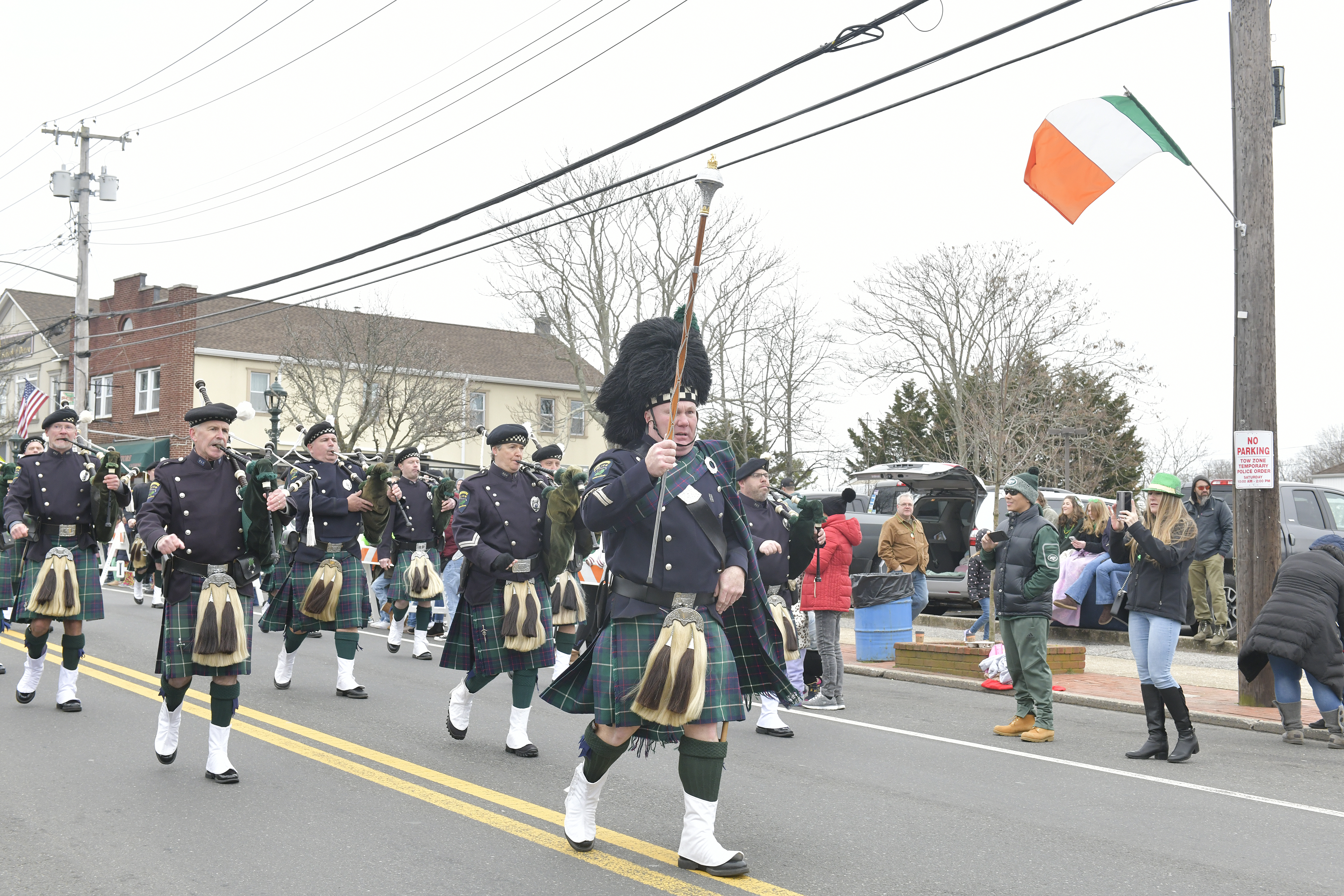 The Eastern Long Island Police Pipes and Drums at the Hampton Bays St. Patrick's Day parade on Saturday.