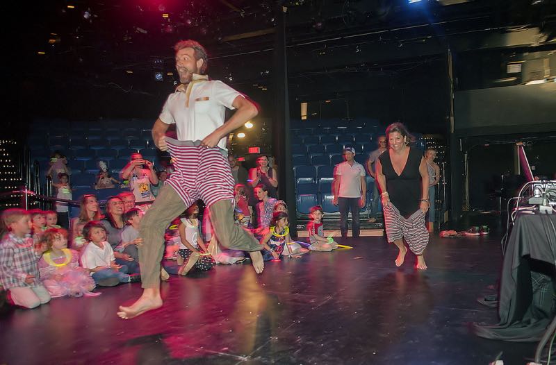 Colton Dirksen bests Cindi Crain as he crosses the finish line during the Big Underpants Race during the 2016 Bambini Ball, marking the 15th Anniversary of the Goat-on-a-Boat Puppet Theater, that was held at the Bay Street Theater on Friday aftenoon, 5/20/16