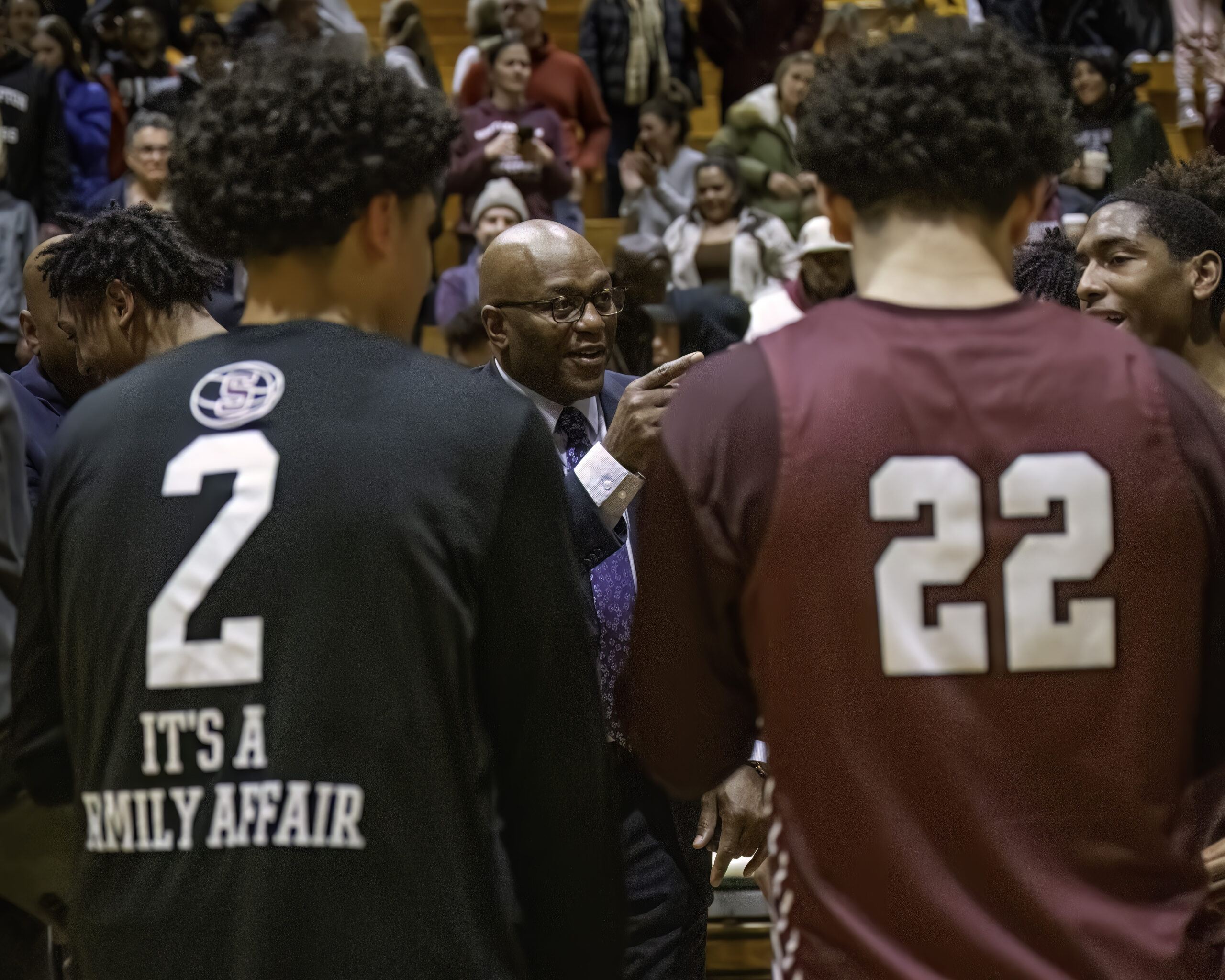 Southampton head coach Herm Lamison talks to his team right after their win on Tuesday night.   MARIANNE BARNETT