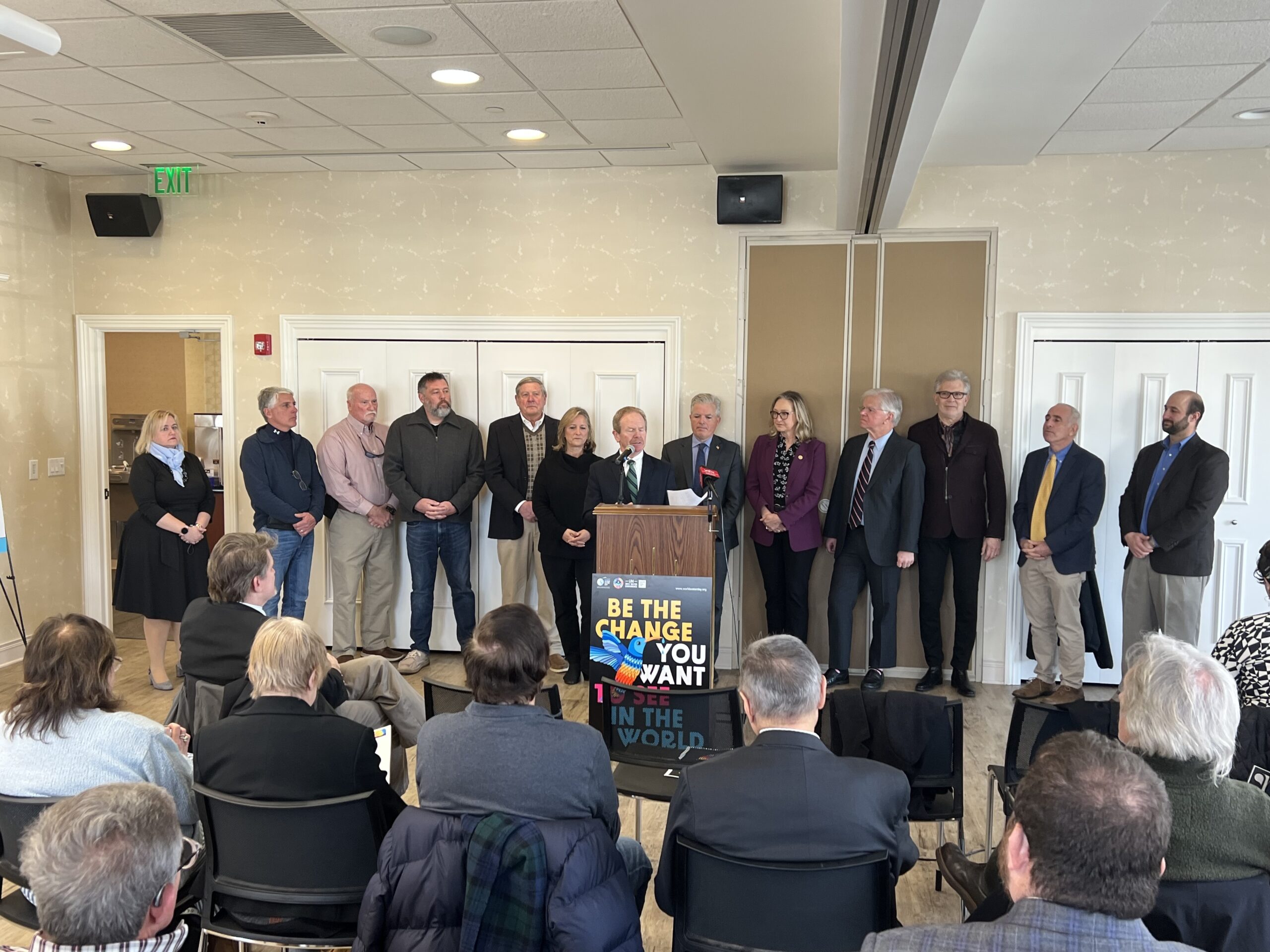 Officials gathered at the Westhampton Free Library on Friday to celebrate the completion of a multi-million dollar sewer project in Westhampton Beach. DANA SHAW