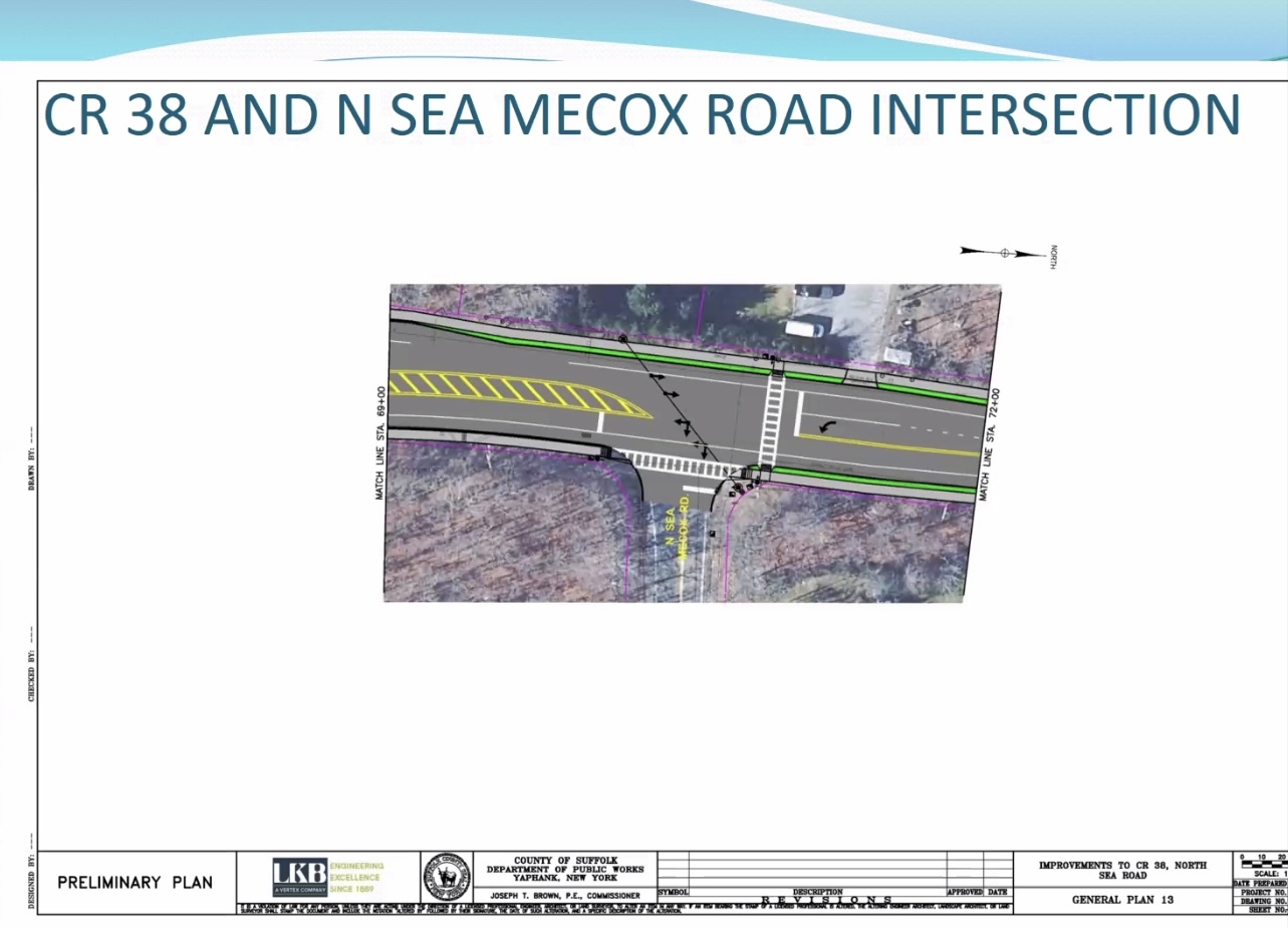 A new traffic signal proposed for the intersection of North Sea Road and North Sea Mecox Road drew criticism from speakers during a Suffolk County Department of Public Works informational meeting on improvements to North Sea Road on March 28.