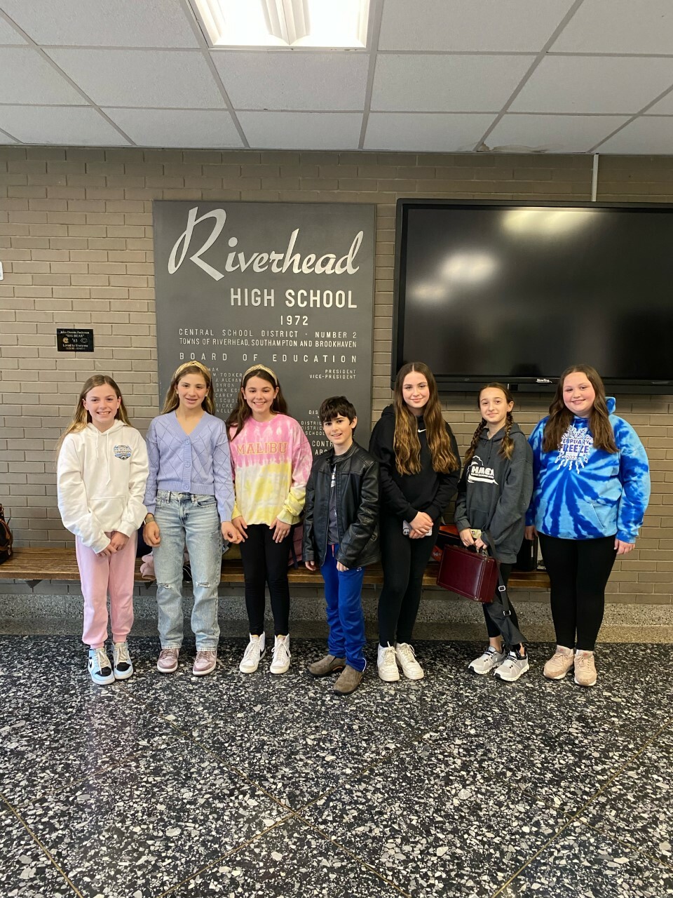 Sag Harbor Elementary and Middle School students posed during a SCMEA festival rehearsal. Participating students were, from left, Heidi Rizzo, Sophia Perri, Gabriella Hugo, Ammiel Sobey, Mia Milazzo, Emily Drohan and Kate Deleski. COURTESY SAG HARBOR SCHOOL DISTRICT