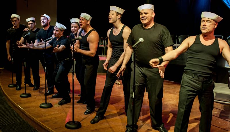 (Left to right) Doug Sabo, Jose Coropuna, David Hoffman, Rich Gardini, Aaron Kaufman, Jack Seabury, Jonathan Fogarty, Joey Giovingo, and Dennis Milone in “South Pacific.”