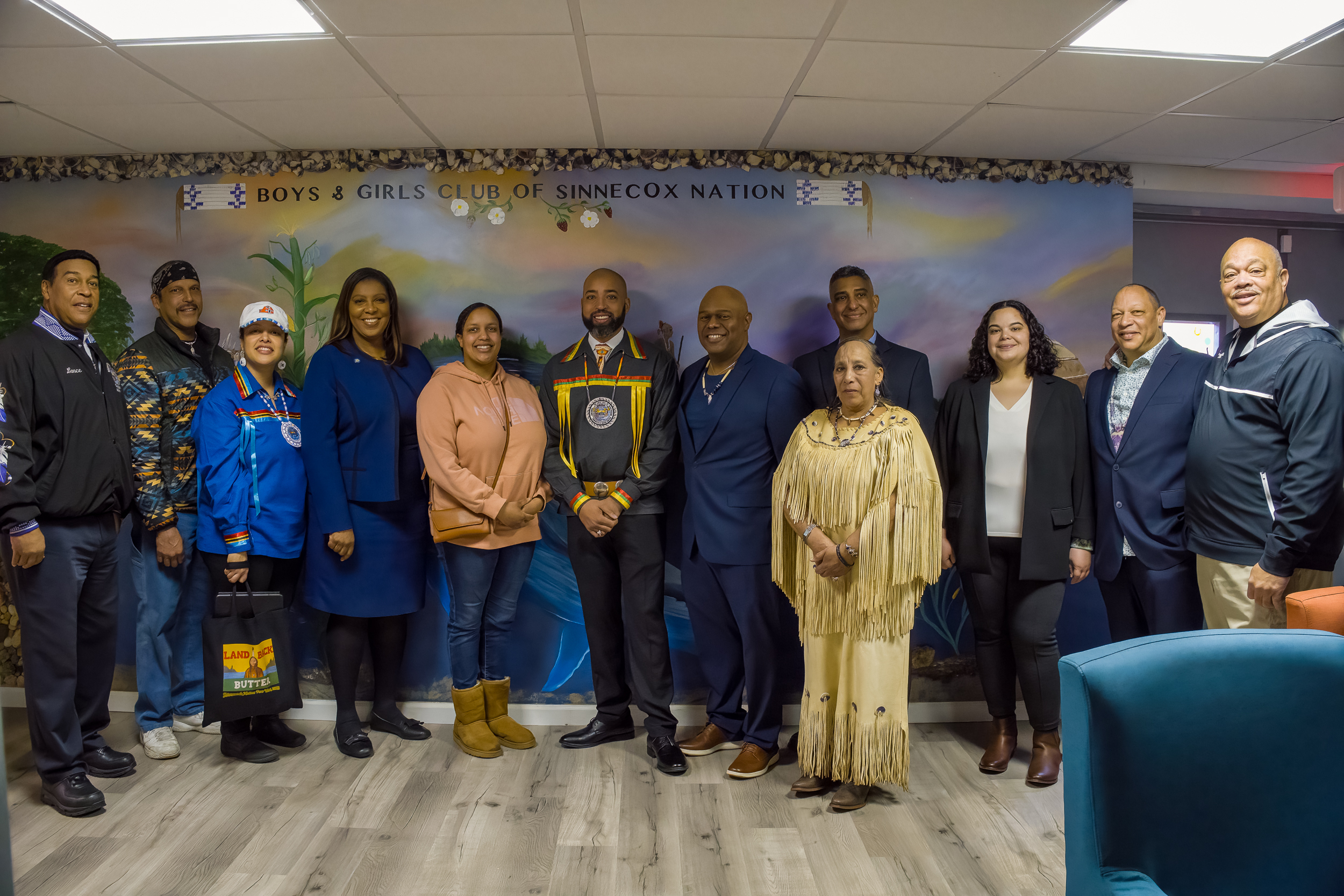 New York State Letitia James, fourth from left, visited with leaders of the Shinnecock Nation last week. REBEKAH WISE