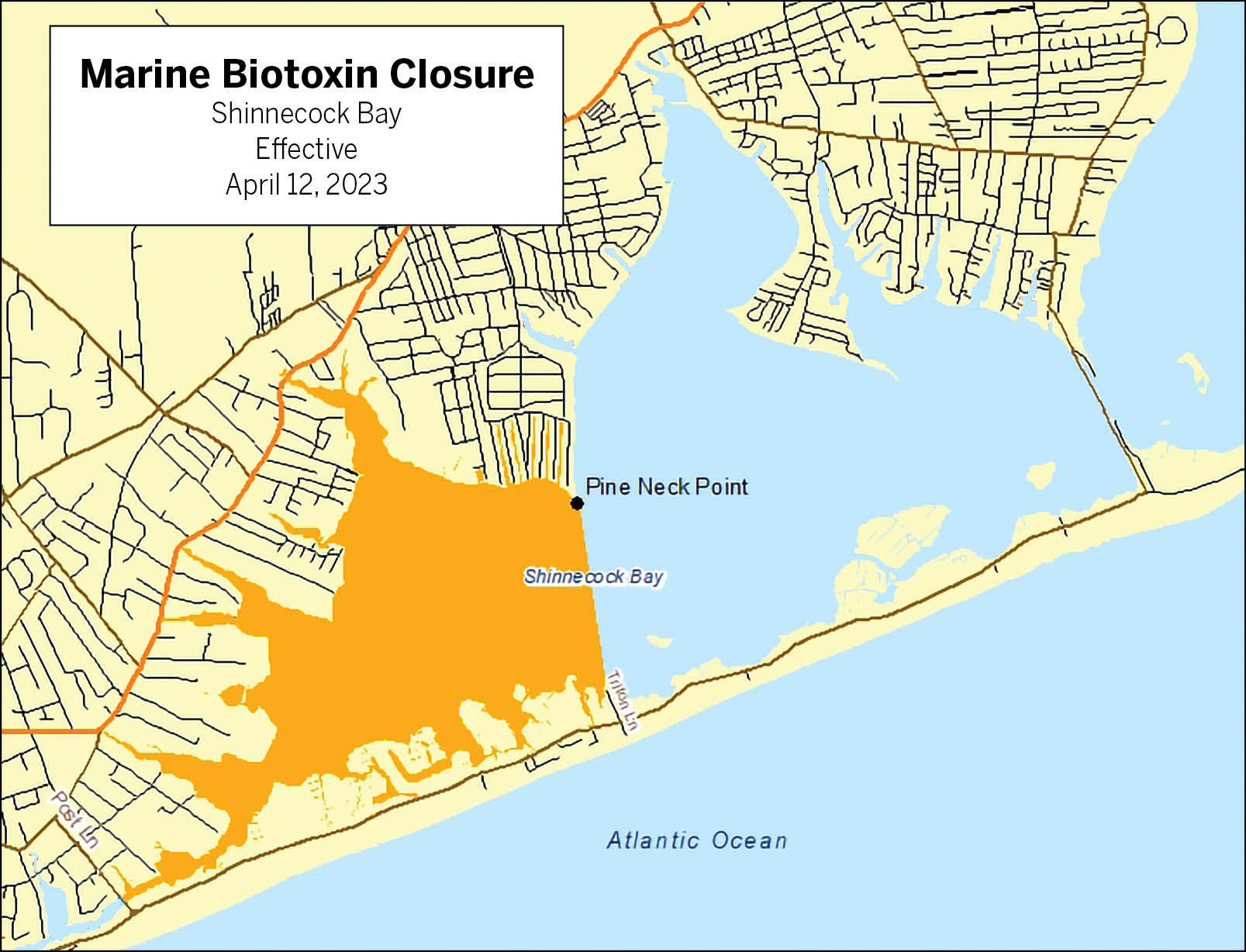 The area in orange, above, in western Shinnecock Bay  has been closed to shellfishing after water samples tested positive for the marine neurotoxin, saxitoxin.
