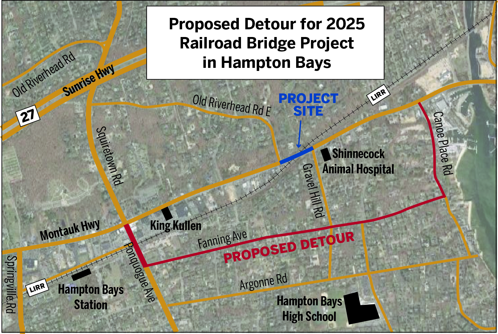 The initial detour concept plan proposed by Suffolk County officials (in red). The replacement of the railroad bridge in Hampton Bays (in blue, above), slated to begin in 2025, calls for the closure of Montauk Highway  and the first proposed detour would send eastbound  traffic south from  Ponquogue Avenue to Fanning Avenue and Canoe Place Road.