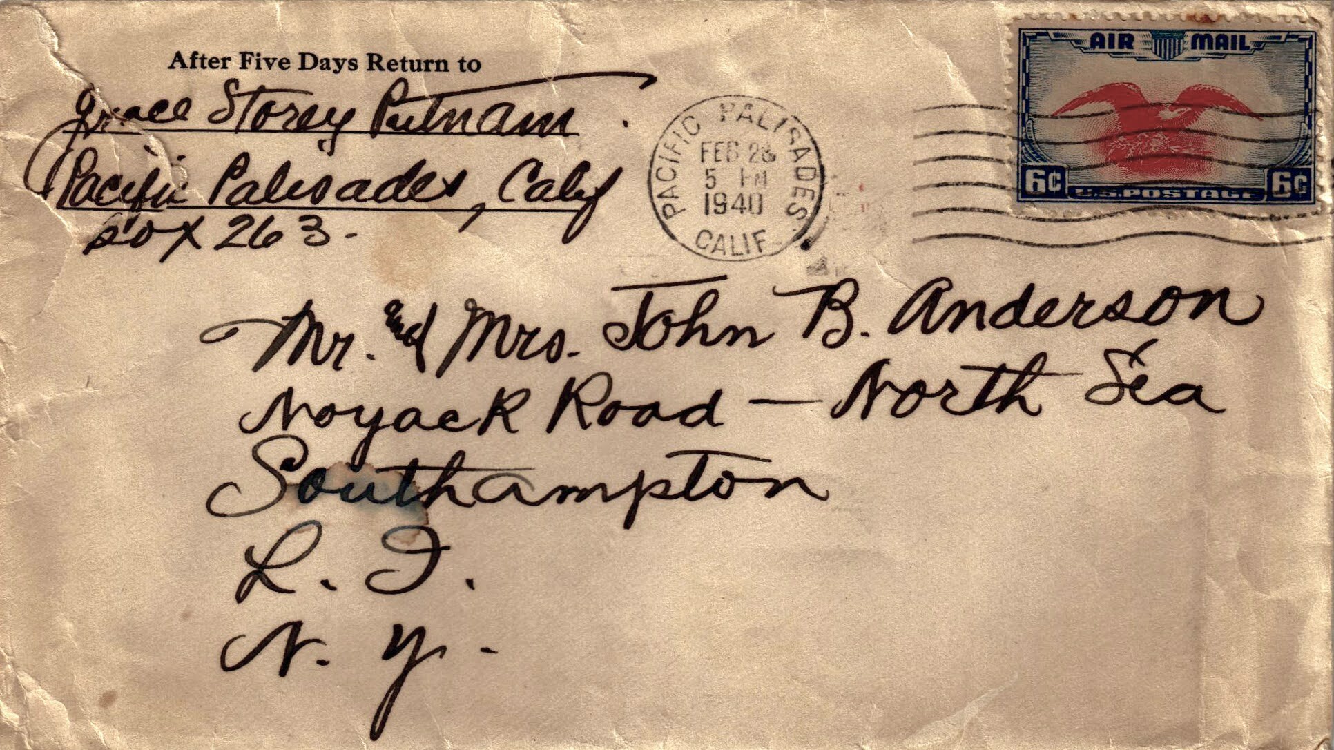 Grace Storey Putnam, the designer of the Bye-Lo Baby, sent letters to her friends, Belle and John Anderson, from 1933 to 1945. This envelope is dated February 28, 1940. COURTESY JODI M. ALTENDORF