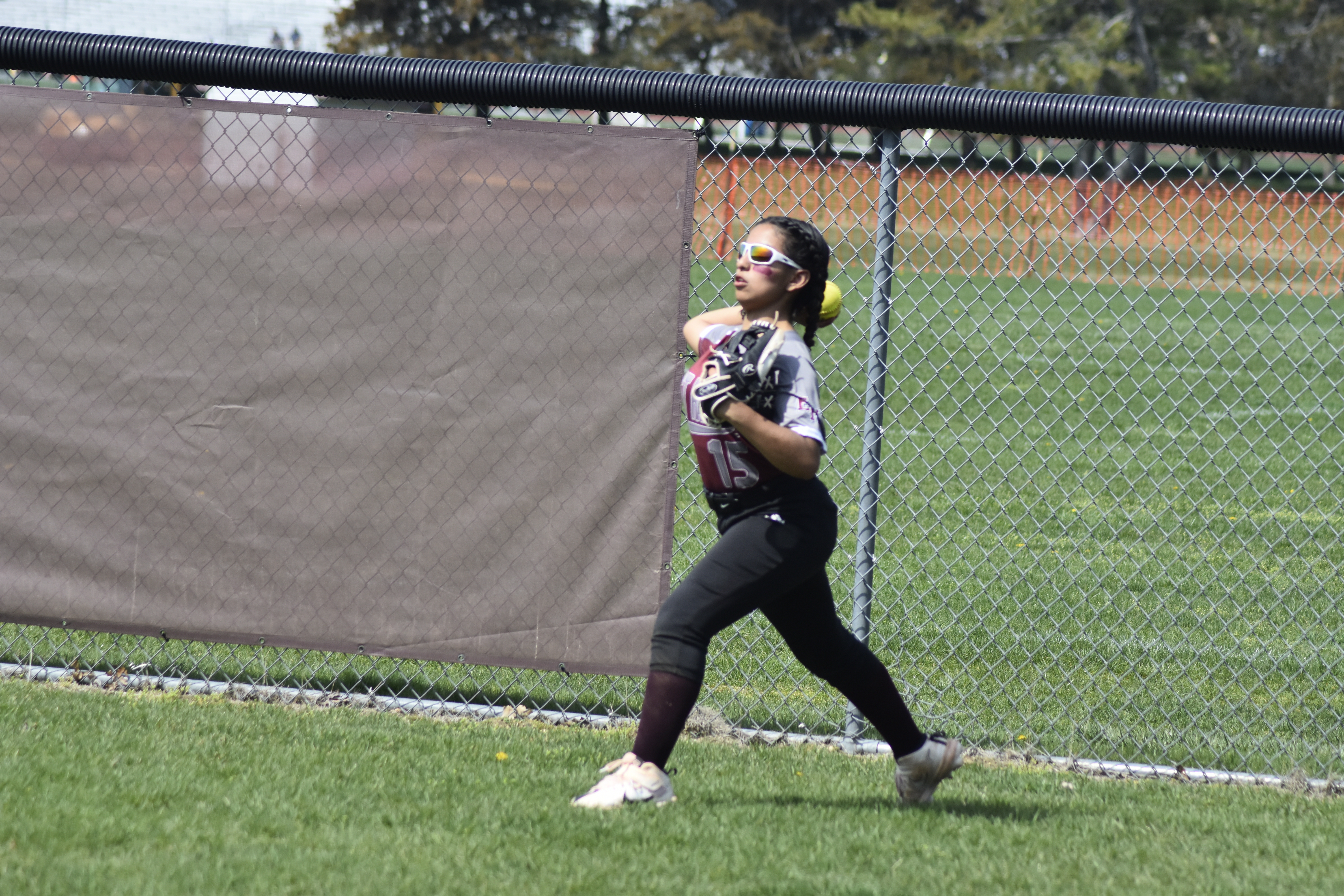 Emily Hurtado gets the ball in from right field. She was one of six freshmen in the starting lineup on Friday.   DREW BUDD