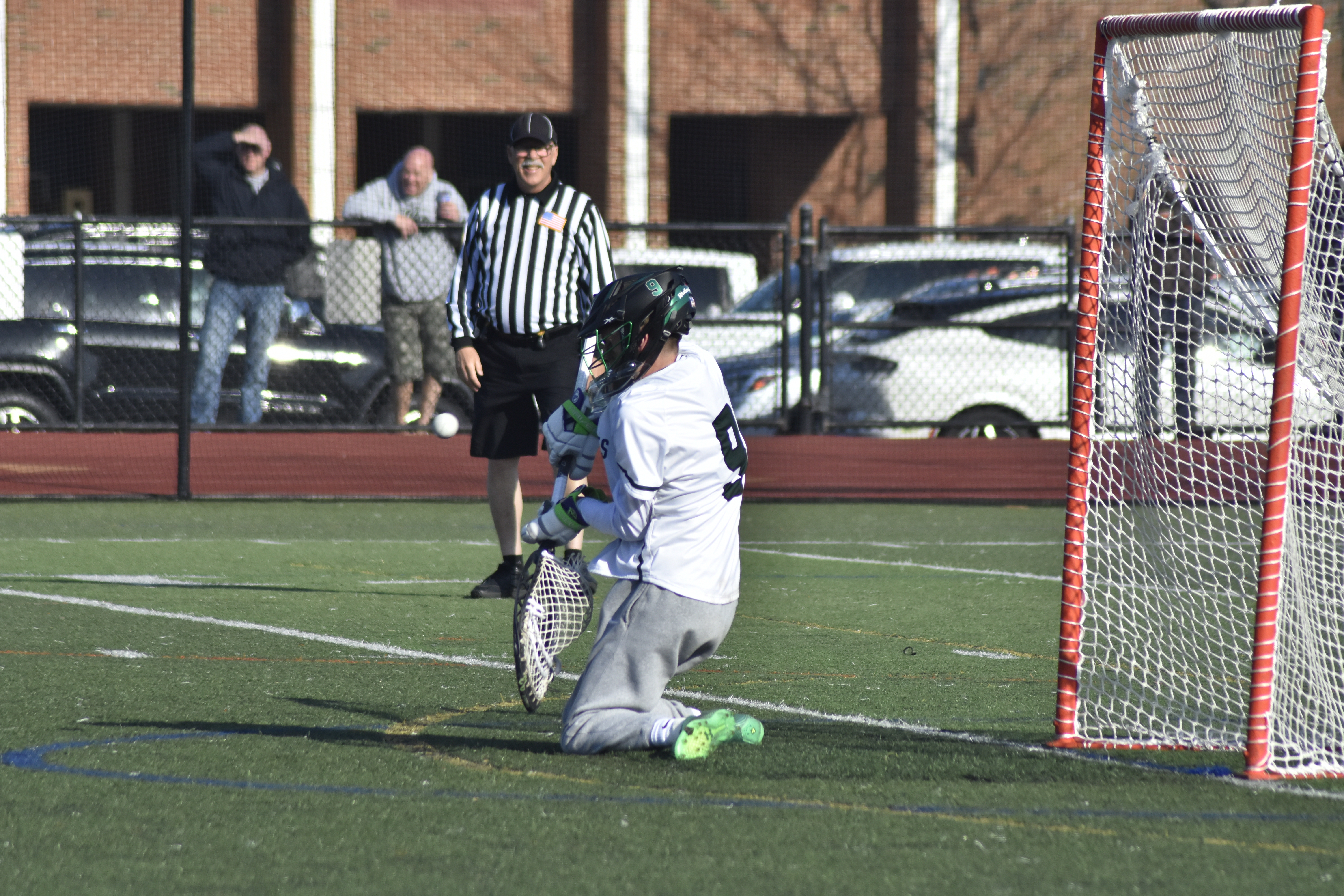 Westhampton Beach sophomore goalie Charlie Beasley lines up one of his 15 saves on Thursday.   DREW BUDD