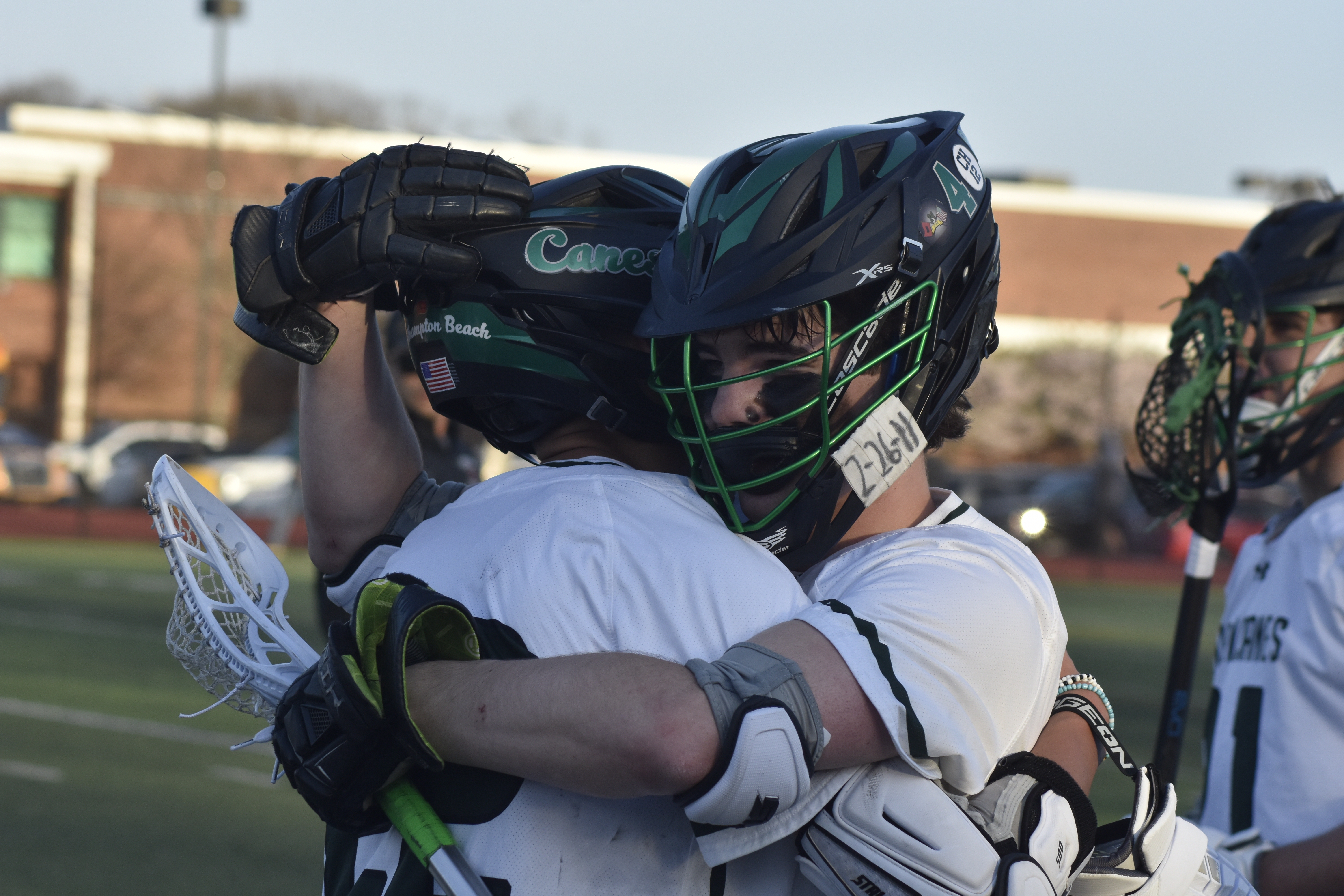 Hurricanes Jojo Poerschke, left, and Nolan Michalowski embrace one another after Thursday's big victory over Smithtown West.   DREW BUDD