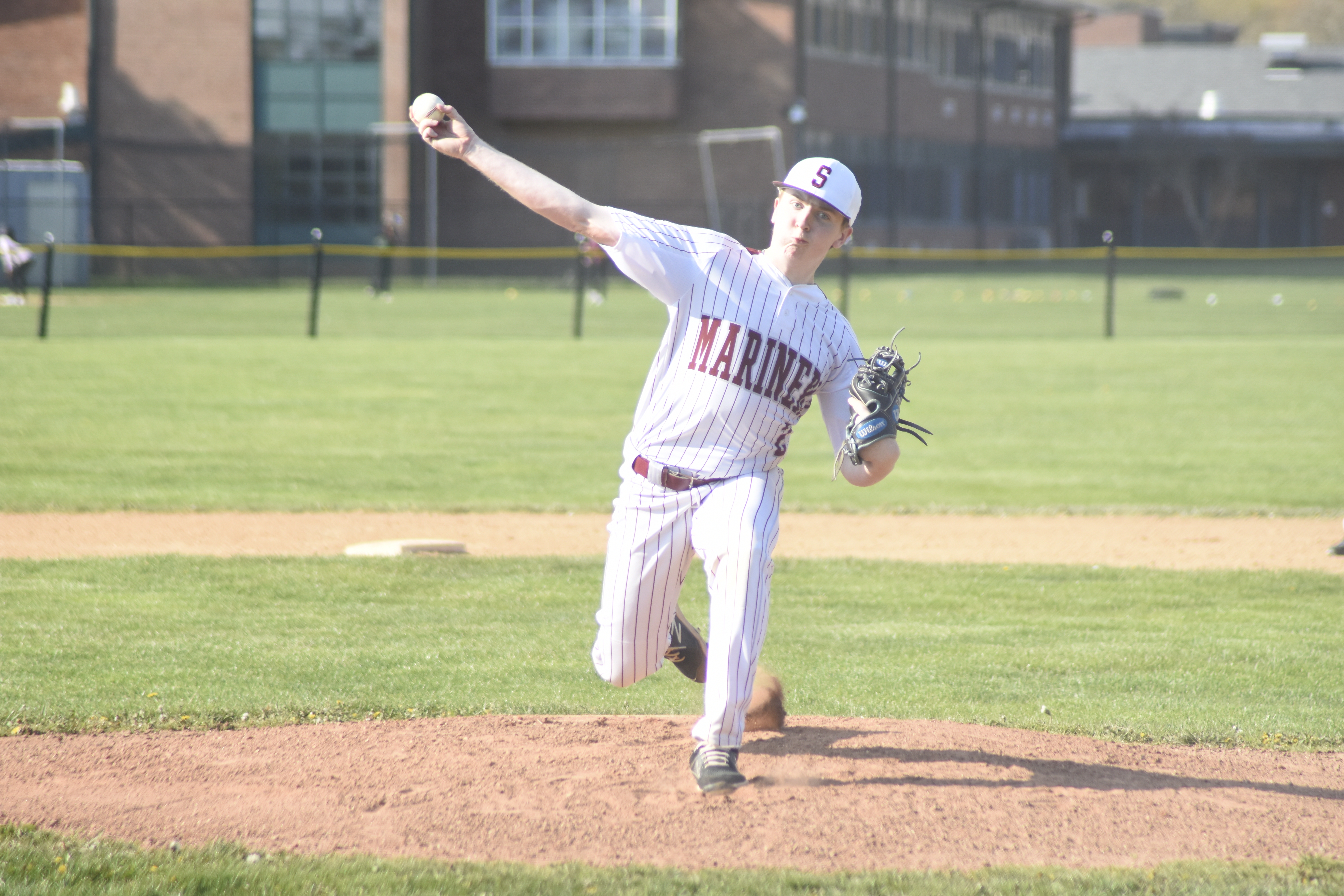 Southampton sophomore Daniel McDonnell pitched six strong innings on Wednesday, striking out eight and only allowing three earned runs, which allowed his team to stay in the game and make its comeback.   DREW BUDD