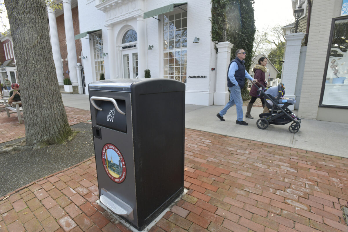 Ten Bigbelly solar-powered trash compacting stations have been installed on Main Street in Southampton Village.   DANA SHAW