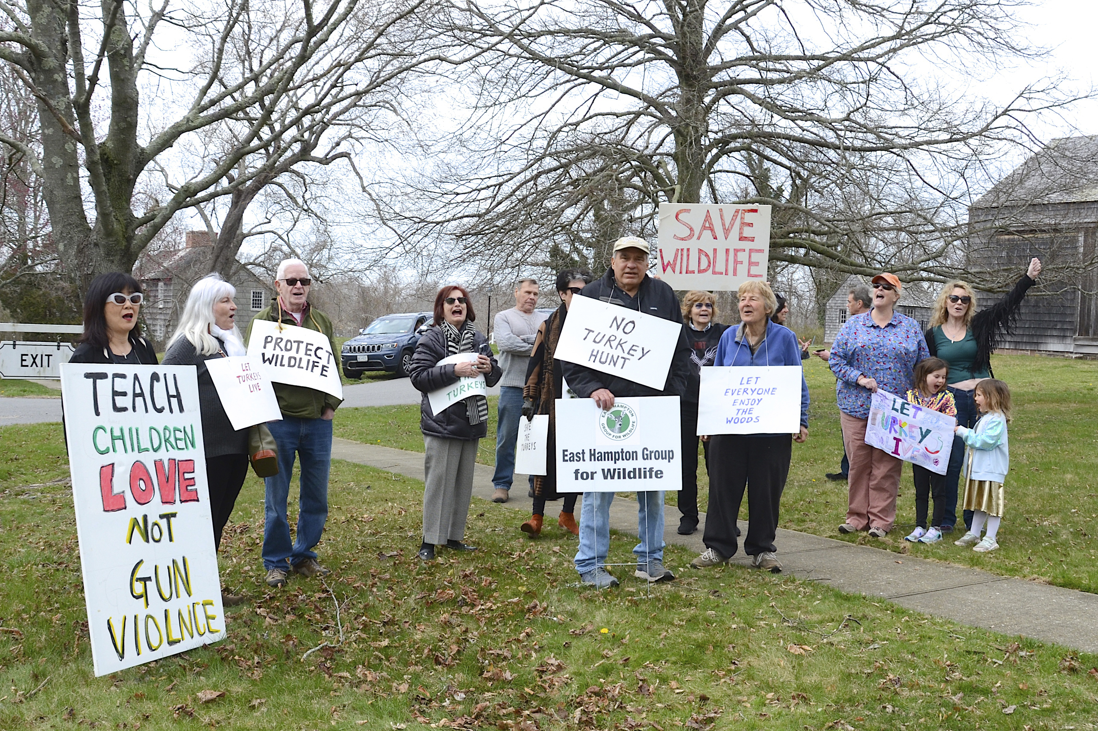 The demonstration hosted by the East Hampton Group for Wildlife opposing the addition of a turkey hunting season in May was held in front of Town Hall prior to the meeting.  KYRIL BROMLEY