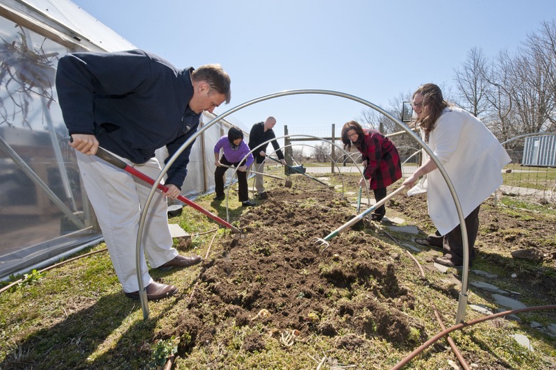 New community garden members Jeff Hand, Ninfa Boyd, Jeffrey Neubauer and Christine Harrison worked alongside garden administrator Judiann Carmack (2nd from right) to prepare their Early Spring Garden plot at the Bridgehampton School on Tuesday, 4/2/13