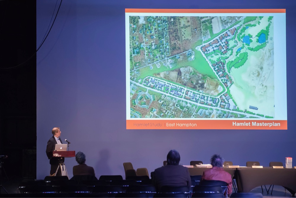 Peter Flinker of Dodson & Flinker Landscape Architecture and Planning spoke during an East Hampton Town Board Hamlet Study presentation at LTV Studios in Wainscott in February. Michael Heller photo