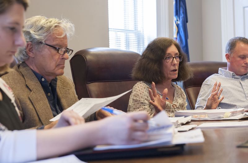 Sag Harbor Mayor Sandra Schroeder responds to a member of the public as they make comments to the village board regarding a new proposed zoning law during the public comments section of the Sag Harbor Village Board meeting on Tuesday. Michael Heller photo