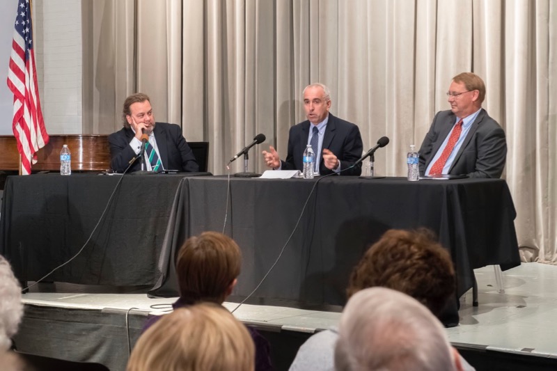 Southampton Town Supervisor candidate Jay Schneiderman speaks as Jay Schneiderman and Ray Overton met for a meet-the-candidates event moderated by Southampton Press Editor Joseph Shaw at the Southampton Arts Center on Thursday