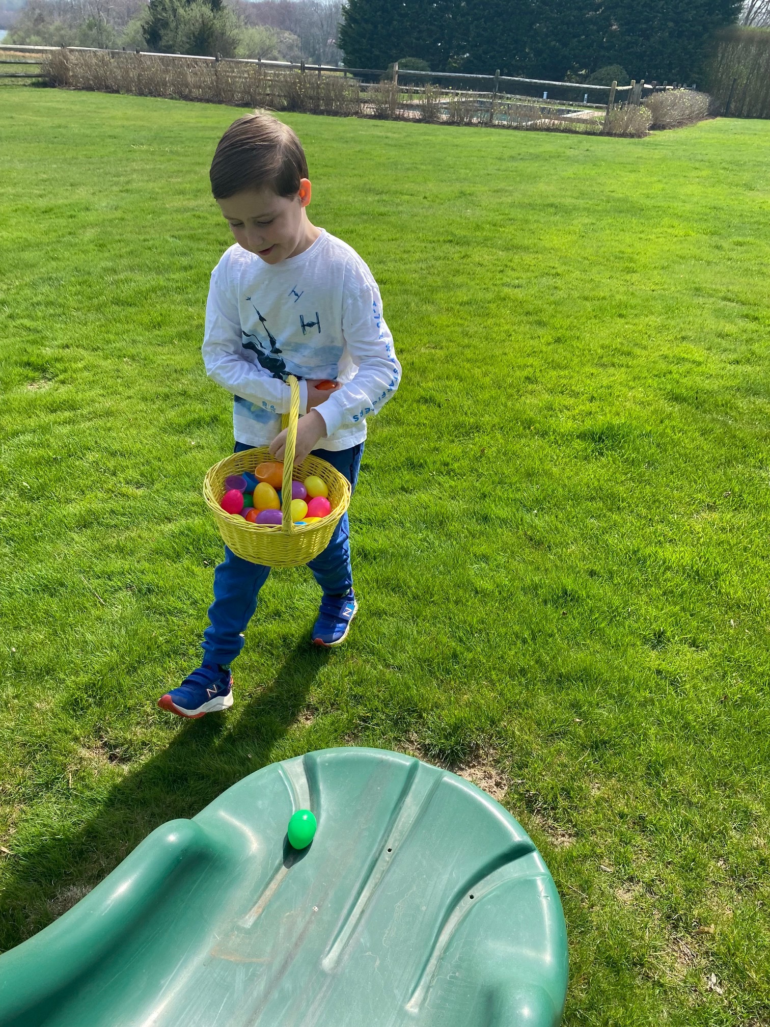 Rowland Egerton-Warburton searches for Easter eggs earlier this month, a moment of joy for the 10-year-old boy. GENIE EGERTON-WARBURTON