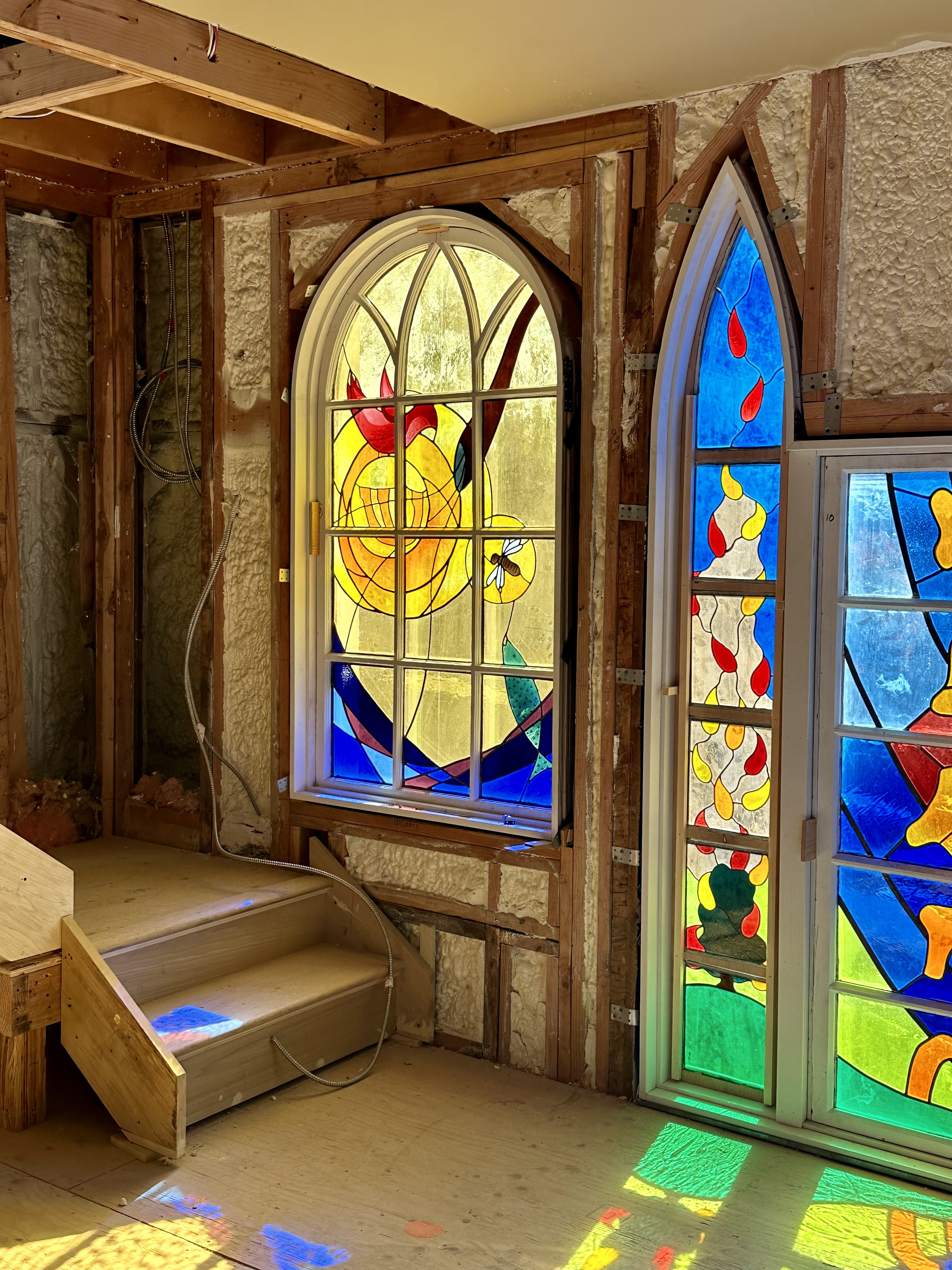 Stained glass windows at Temple Adas Israel during the renovation of the building. RIVALYN ZWEIG PHOTOGRAPHY