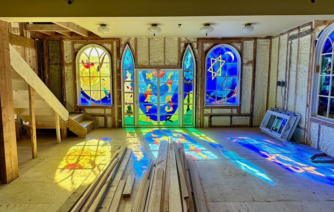 Stained glass windows at Temple Adas Israel during the renovation of the building. RIVALYN ZWEIG PHOTOGRAPHY