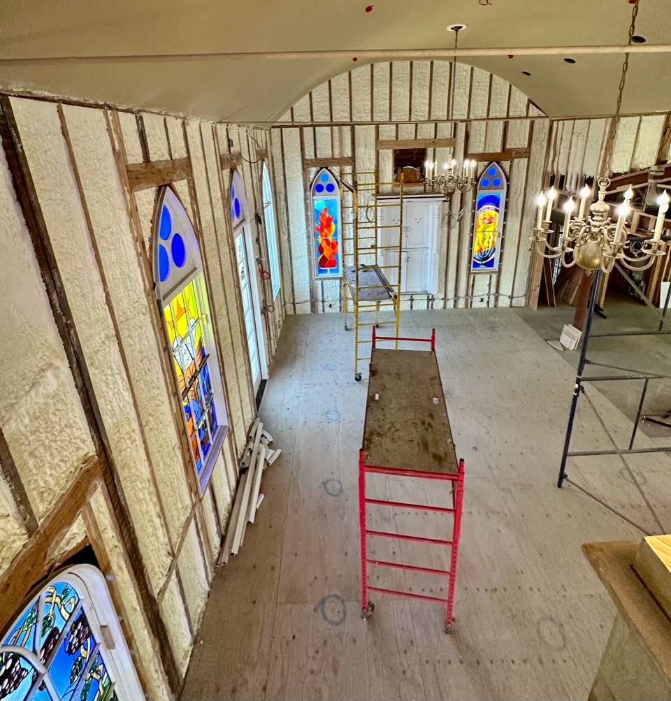 Stained glass windows at Temple Adas Israel during the renovation of the building. RIVALYN ZWEIG PHOTOGRAPHY