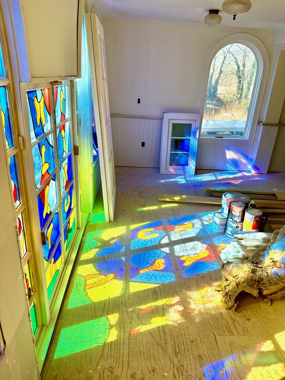 Stained glass windows at Temple Adas Israel during the renovation of the building. RIVALYN ZWEIG PHOTOGRAPHY