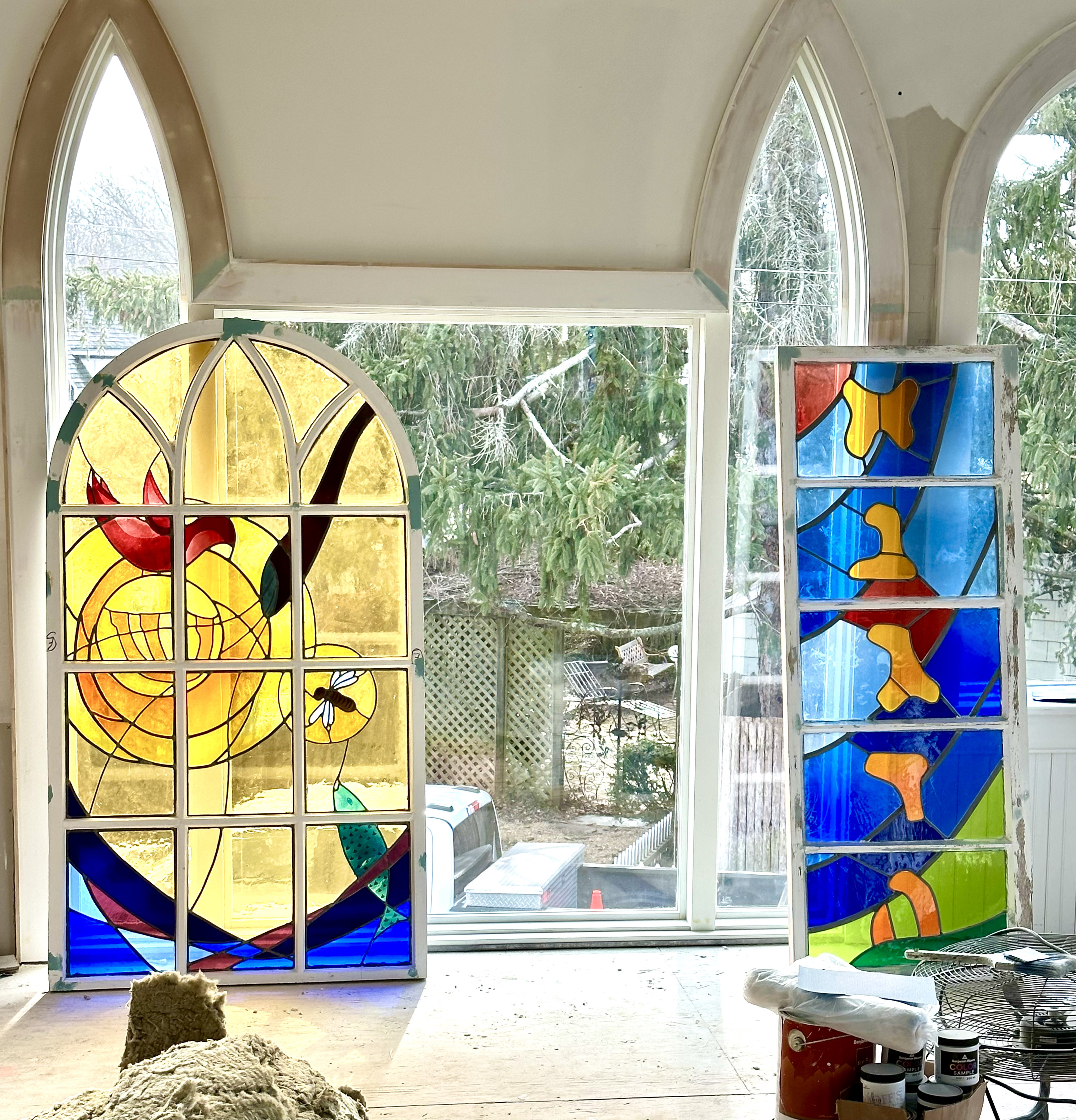 Stained glass windows at Temple Adas Israel were temporarily removed for the renovation of the building. RIVALYN ZWEIG PHOTOGRAPHY