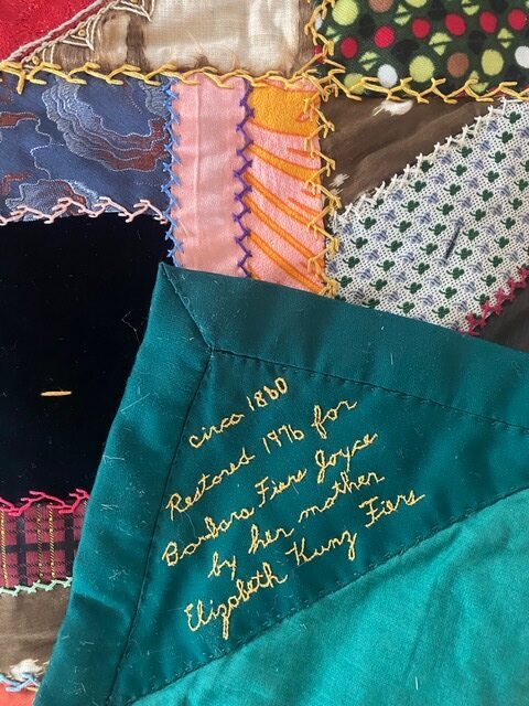 A close-up of an inscription on the quilt created in 1860 by the great-grandmother of Stephanie Joyce and Liz Joyce. It was restored by their grandmother, Betty K. Fiers, for their mother, and passed down to them. COURTESY STEPHANIE JOYCE