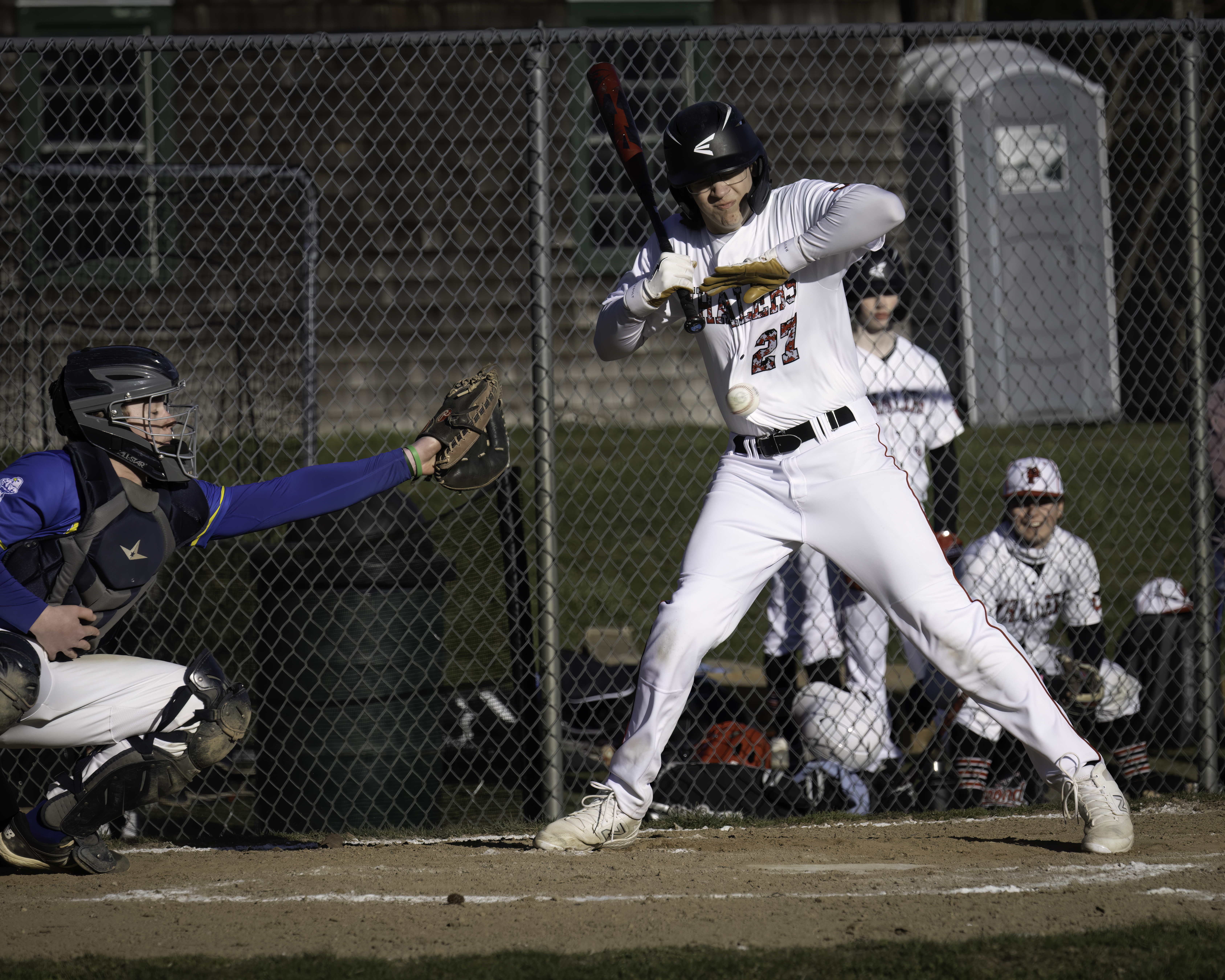 Pierson's Charles Schaefer gets hit with a pitch.   MARIANNE BARNETT