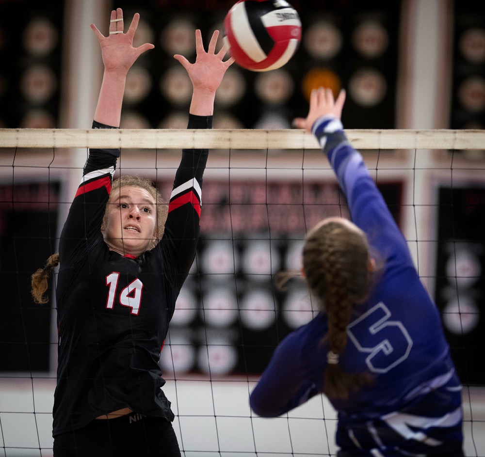 Pierson senior Hannah Tuma goes up for a block during the Lady Whalers' home tournament on Saturday. Craig Macnaughton photo