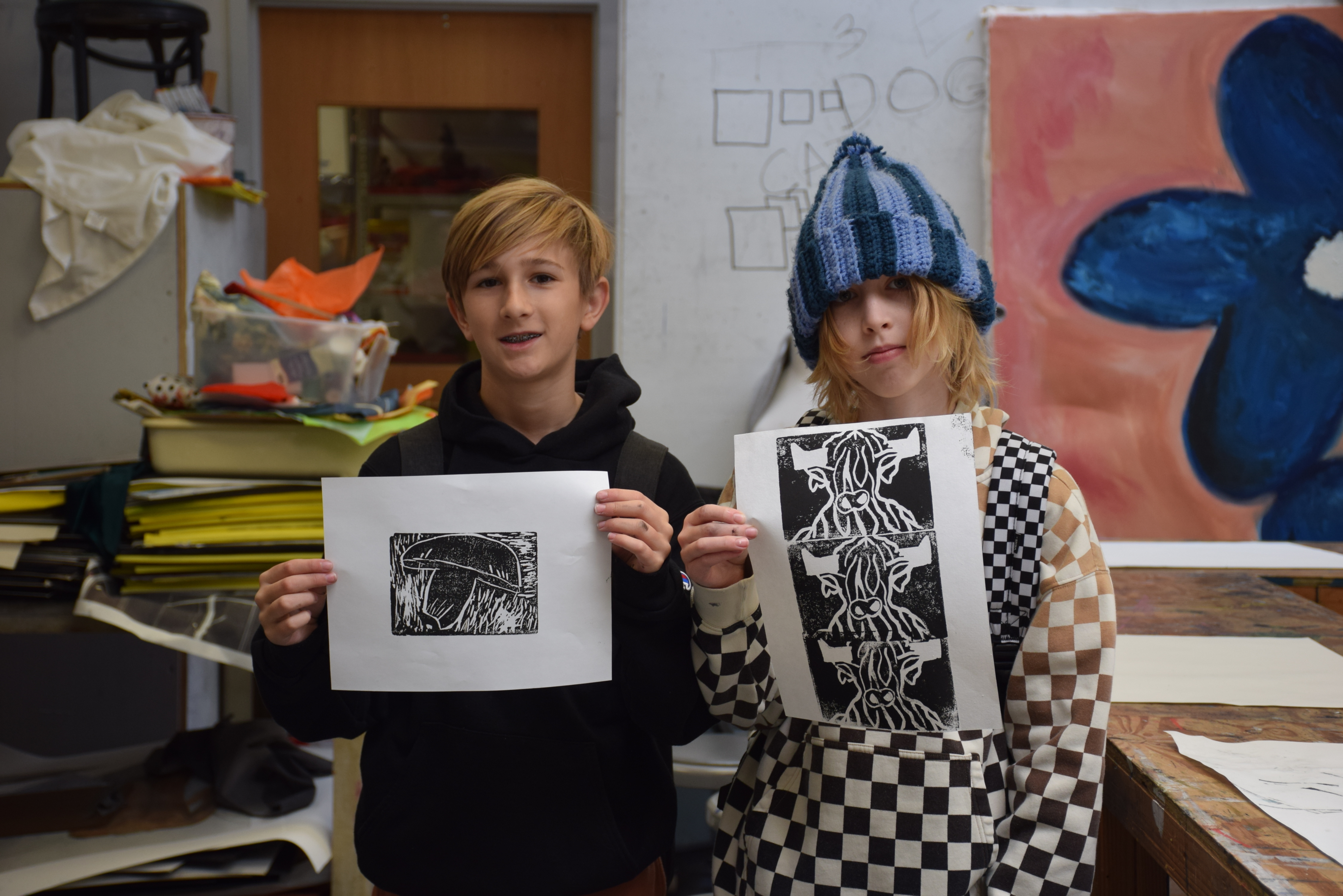 Pierson Middle School sixth grade students, Maddock Lynch and Travis Galin, showed off their printmaking art pieces from Elizabeth Cataletto’s middle school art class. The students started the academic session learning about the history of printmaking through 18th-century Ukiyo-E Japanese printmaking techniques. To create the artwork themselves, they used the linoleum process and learned how to carve plates and make hand-made prints. COURTESY SAG HARBOR SCHOOL DISTRICT