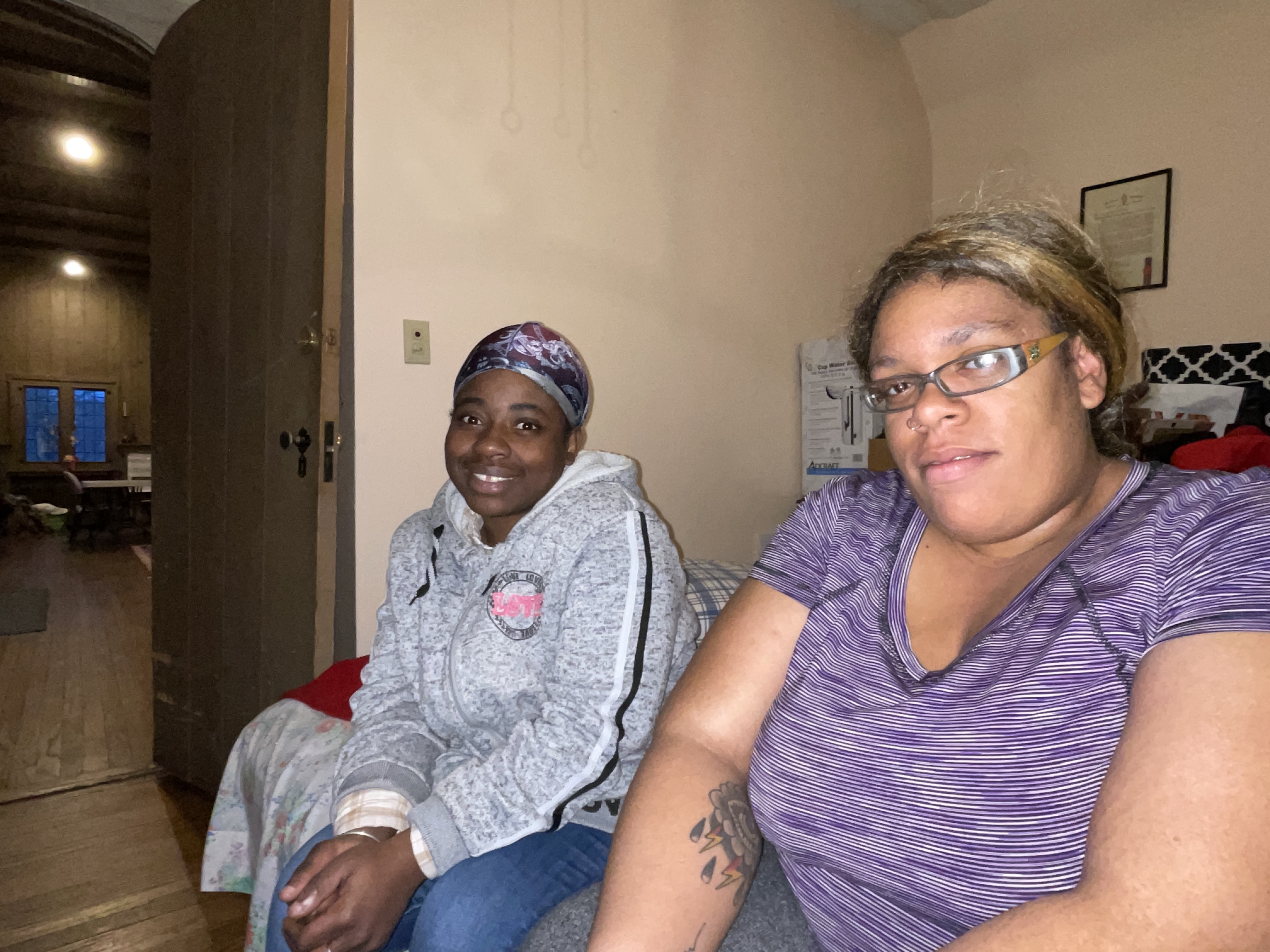 Tiarra, left, and Tasha have been effectively homeless since the pandemic, as even jobs paying over minimum wage have not been able to keep pace with housing costs. The pair, who have been friends since their early teens, said that finding the Maureen's Haven winter shelter program last month was a godsend, but the program ended for the season on March 31, leaving them to return to Brentwood and uncertainty for the future.