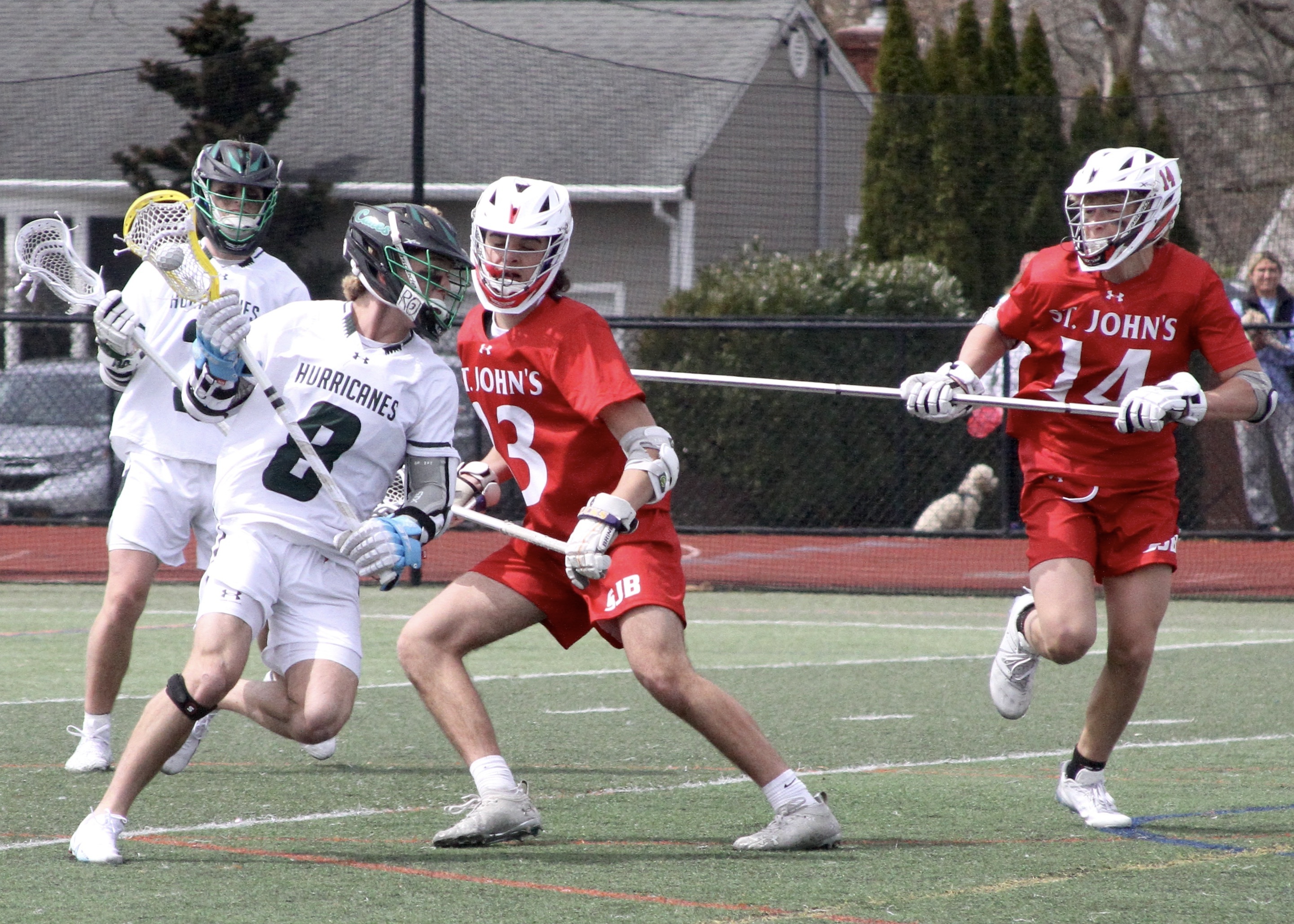 Senior attack Morgan McEntee pushes his way into the offensive zone. DESIRÉE KEEGAN