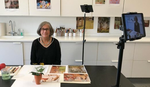 Parrish Art Museum educator Wendy Gottlieb records a video for the American Parkinson’s Association, giving a brief lesson on Fairfield Porter and his painting style, followed by a demonstration. COURTESY PARRISH ART MUSEUM