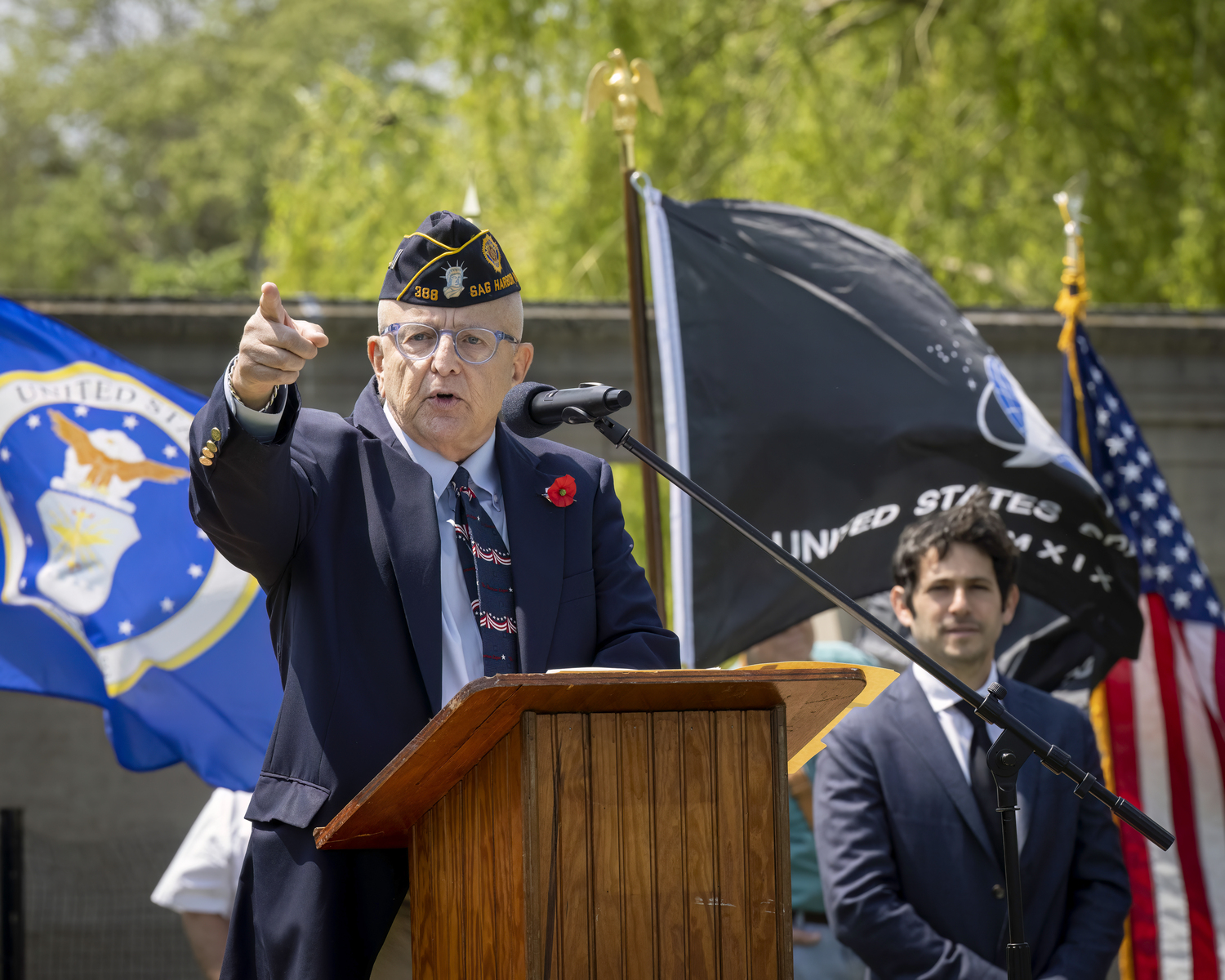 Bill Jones addresses the crowd during the The Memorial Day service in Agawam Park in Southampton Village on Monday.