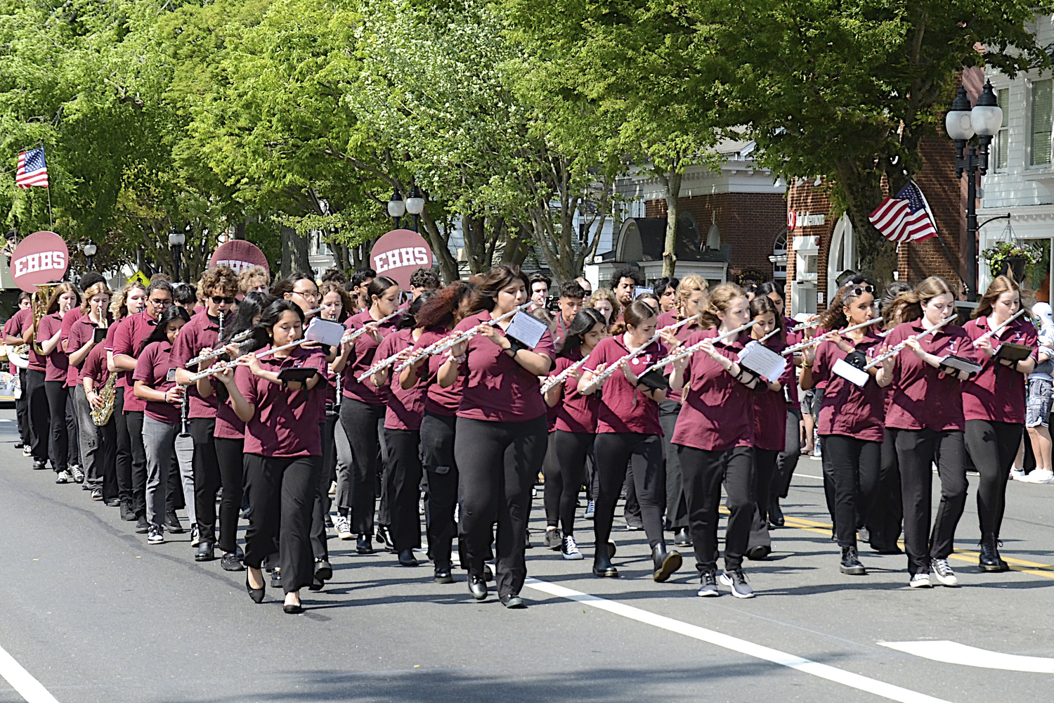 the East Hampton High School band during the Memorial Day Parade in East Hampton on Monday.   KYRIL BROMLEY