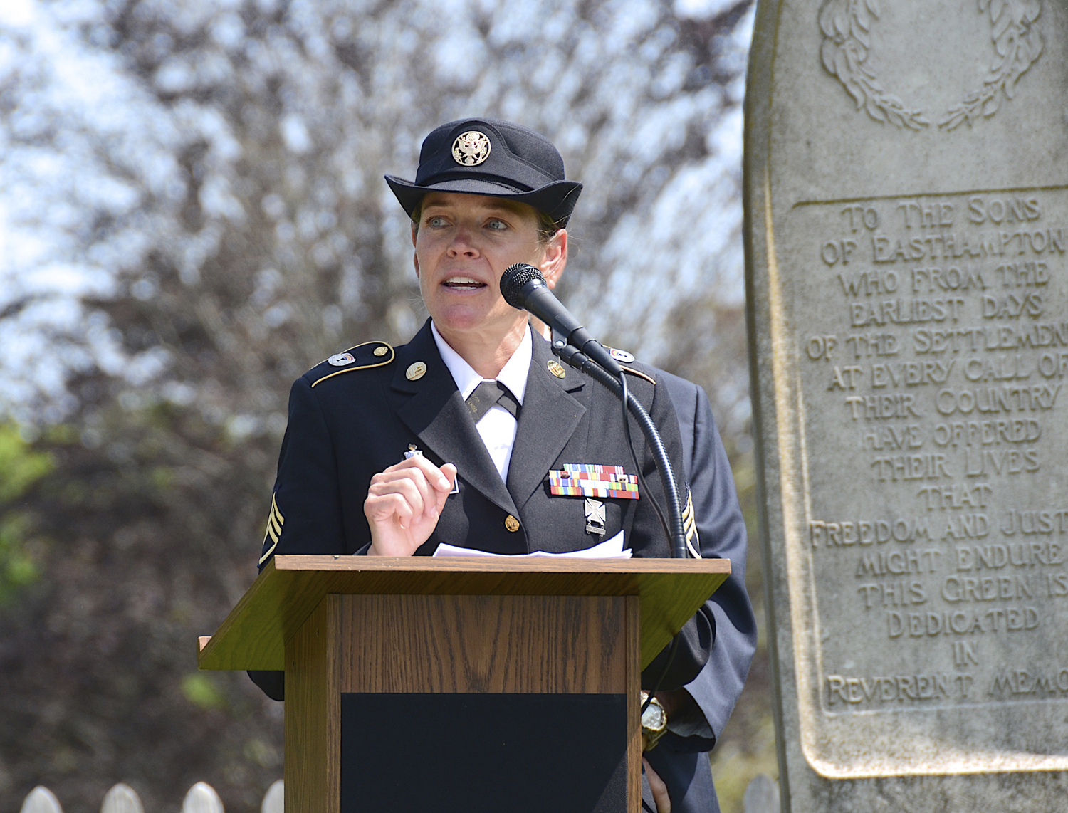 Guest speaker, Staff Sergeant Jeanette Caputo,  at the Memorial Day service at the monument at Hook Mill in East Hampton on Monday.   KYRIL BROMLEY