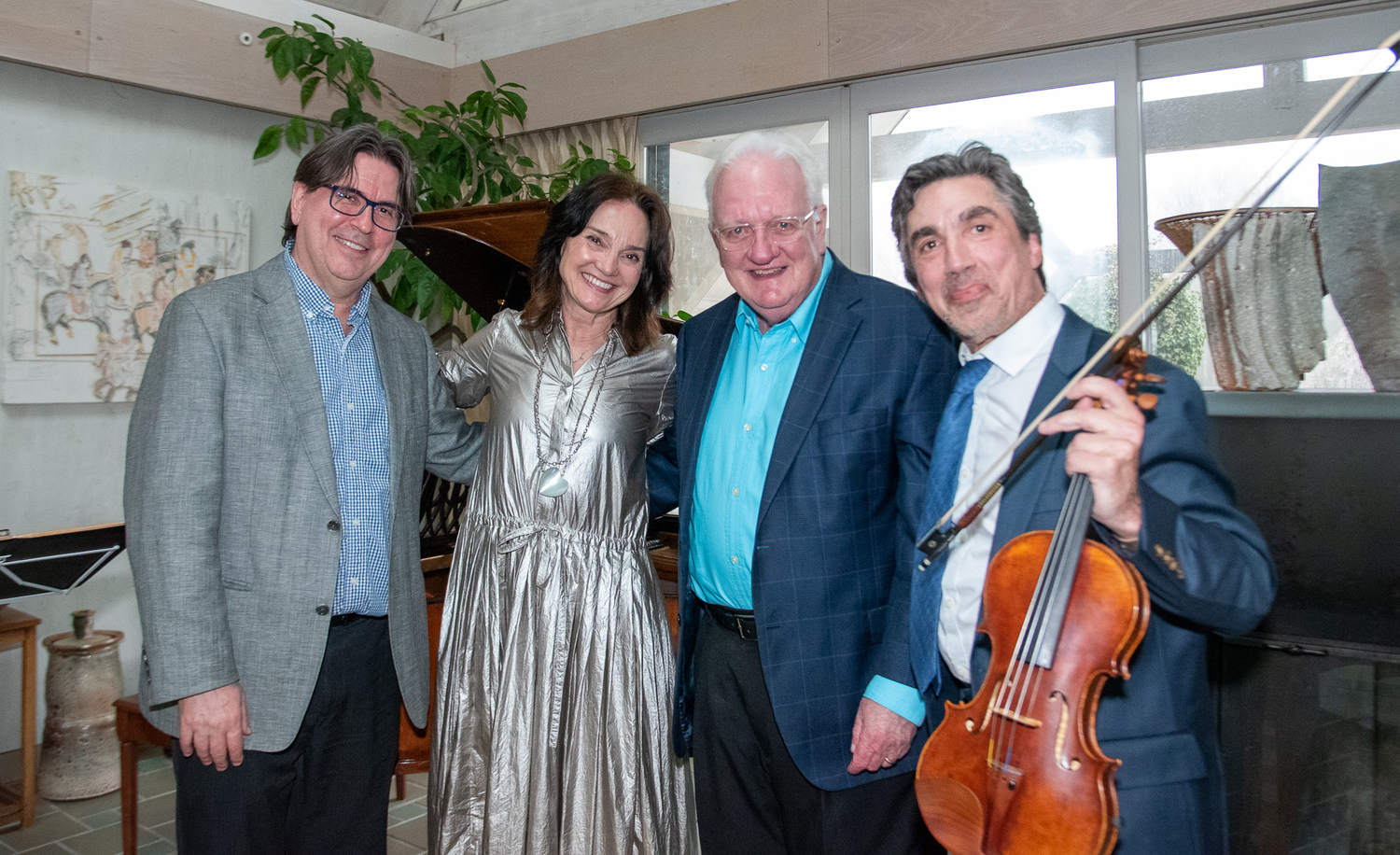 From left, pianist Brandt Fredrickson, LongHouse Reserve Director Carrie Rebora Barratt, TH·FM's Maestro Michael Palmer and violinist Nick Danelson at 