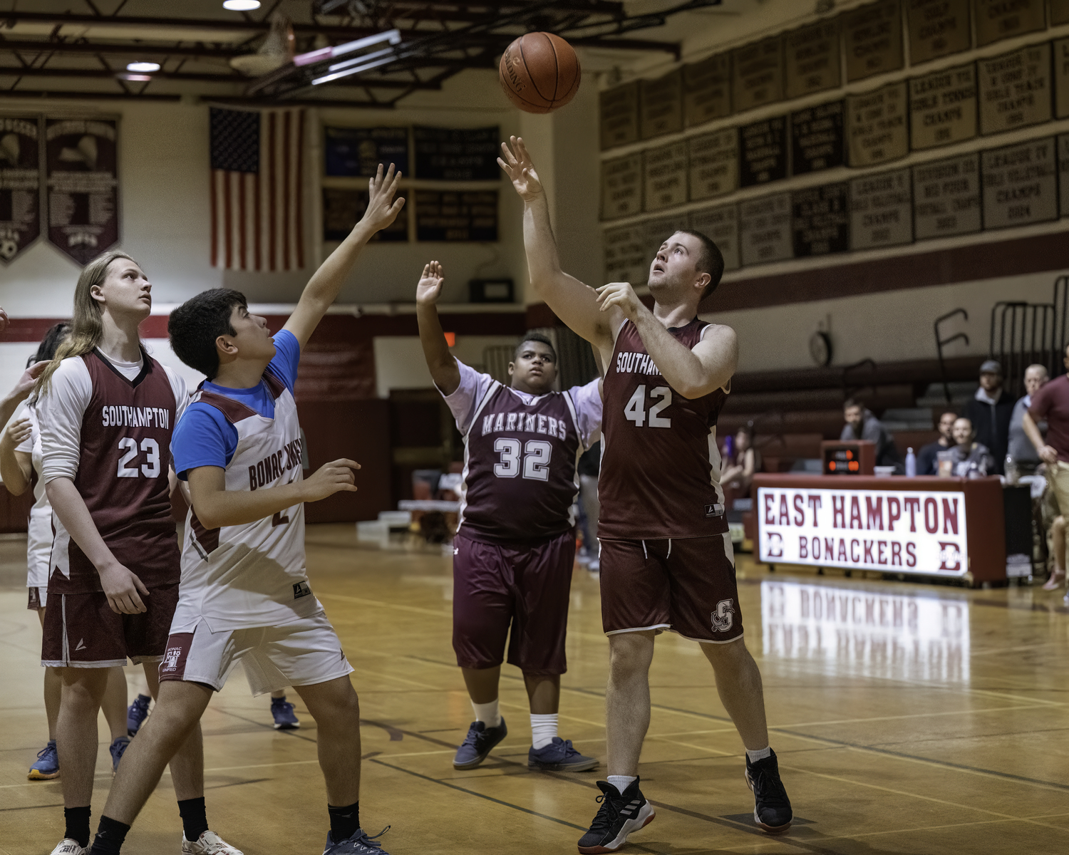 The East Hampton unified basketball team hosted Southampton on Thursday, May 4, in the season opener for both teams. The Bonackers prevailed over the Mariners.   MARIANNE BARNETT