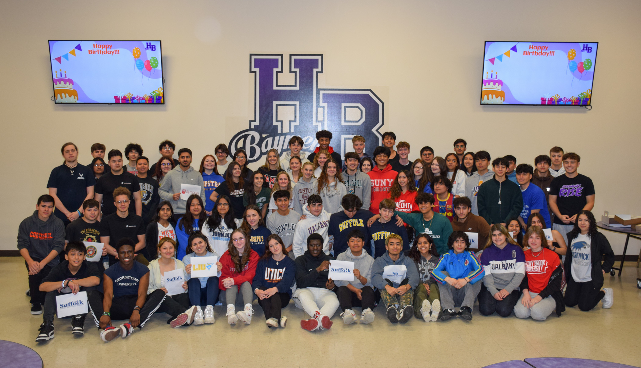 To mark their commitment to higher education, the Hampton Bays High School Class of 2023 wore the apparel of their college choice on May 1. COURTESY HAMPTON BAYS SCHOOL DISTRICT
