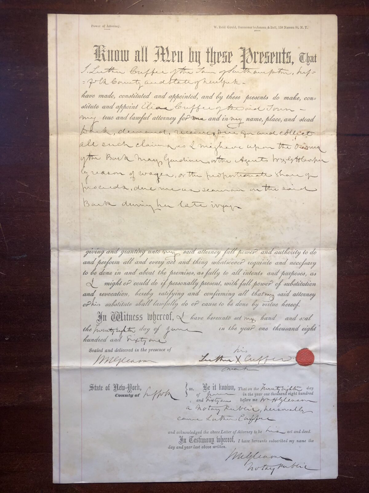 Luther Cuffee power of attorney (1861), to get wages due from a voyage on the bark Mary Gardiner. COURTESY SAG HARBOR WHALING MUSEUM