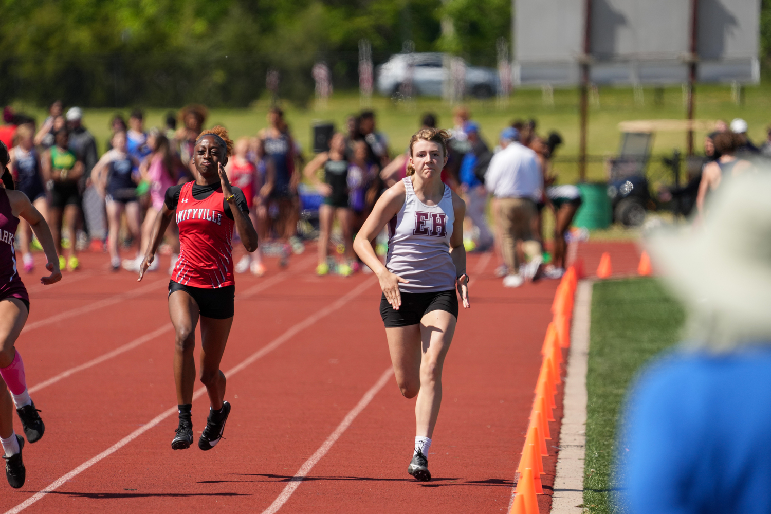 East Hampton freshman Leah McCarron in the 100-meter dash.   RON ESPOSITO