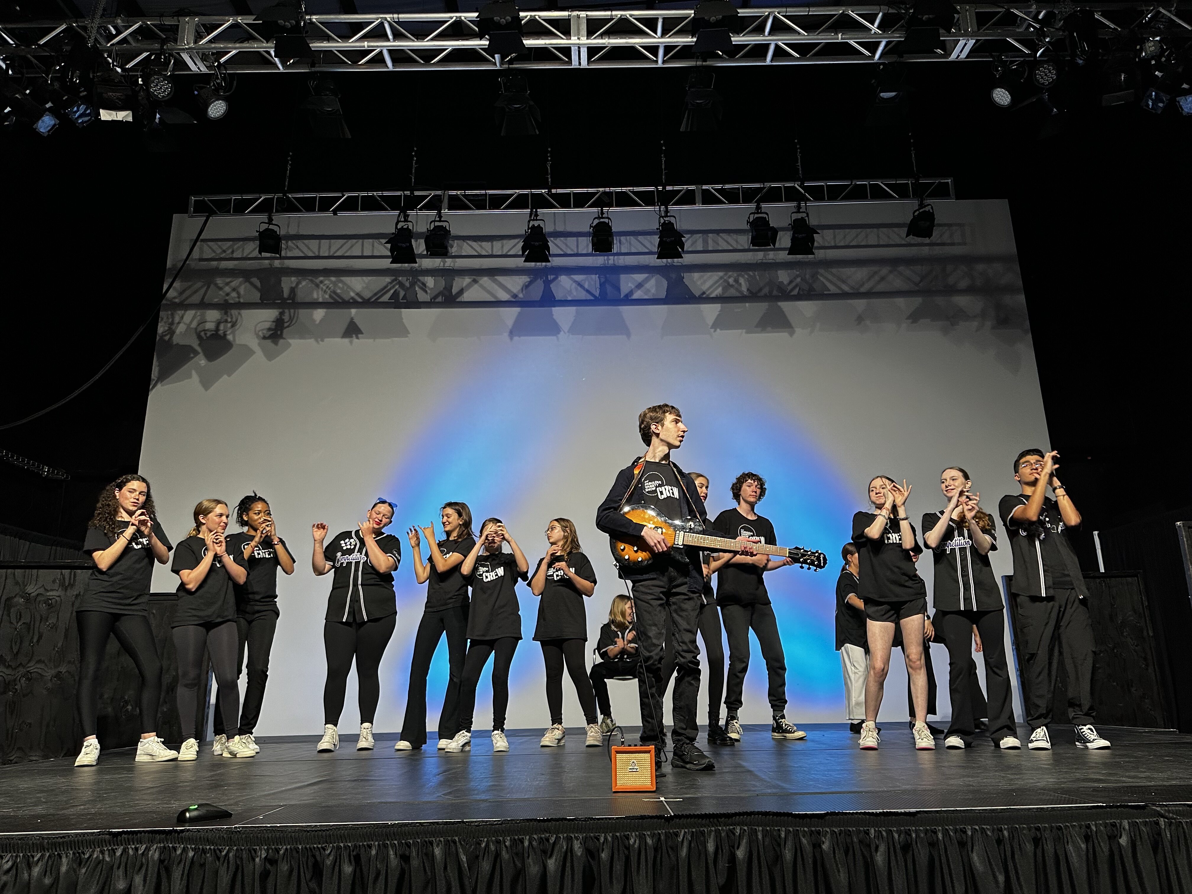 Liam Baum, center, performing “All You Need Is Love” by his favorite band, The Beatles, with the Our Fabulous Variety Show Crew on Saturday evening at LTV Studios in Wainscott. Liam performed as a part of the OFVS Crew Showcase both Friday and Saturday and has been a member of the OFVS Crew since this fall. KATHRYN  MENU