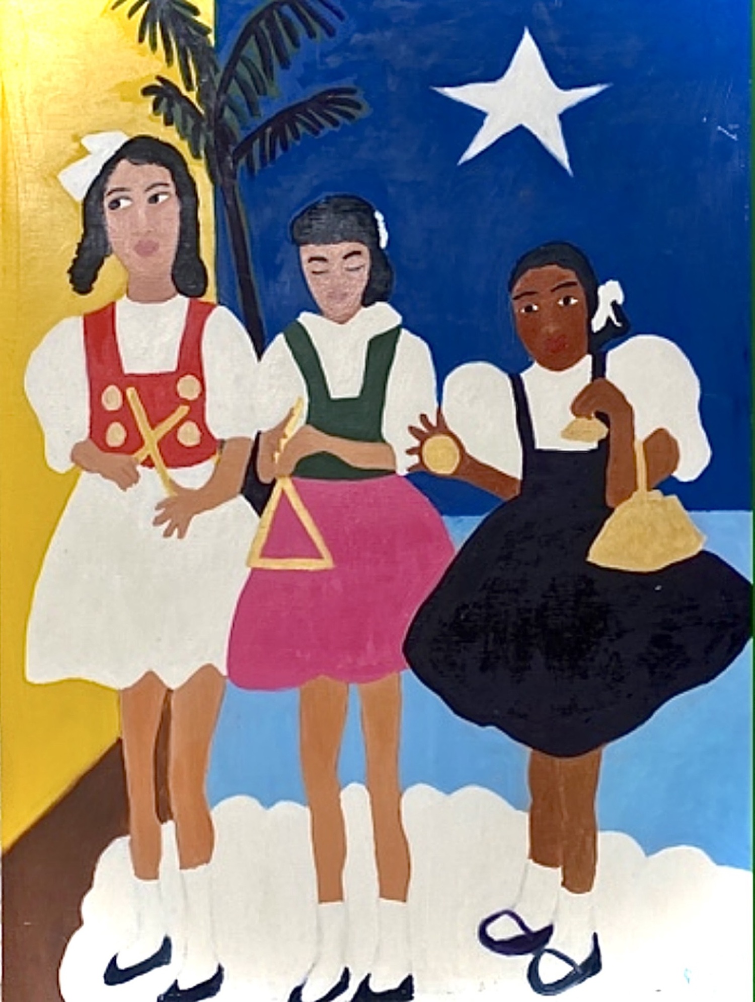Rosalind Letcher “1963 Birmingham Alabama - Carol Kirby, Gail Pugh and Tollese Harris - From the Birmingham Rhythm Band,” not dated. Acrylic on board, framed 47.75” x 36.” COURTESY ROSALIND LETCHER AND KEYES ART