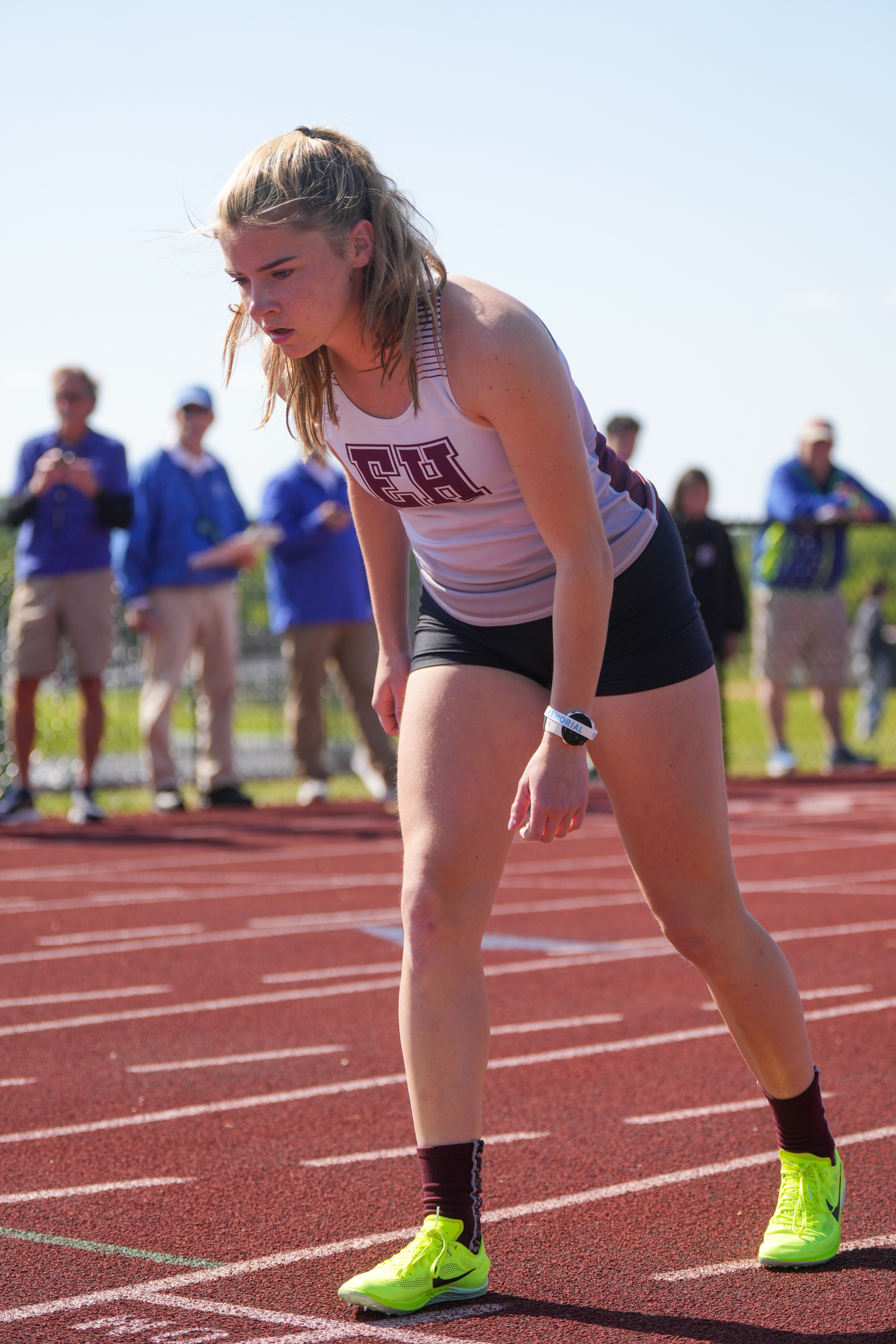 East Hampton junior Ryleigh O'Donnell gets ready to start the 400-meter dash.   RON ESPOSITO
