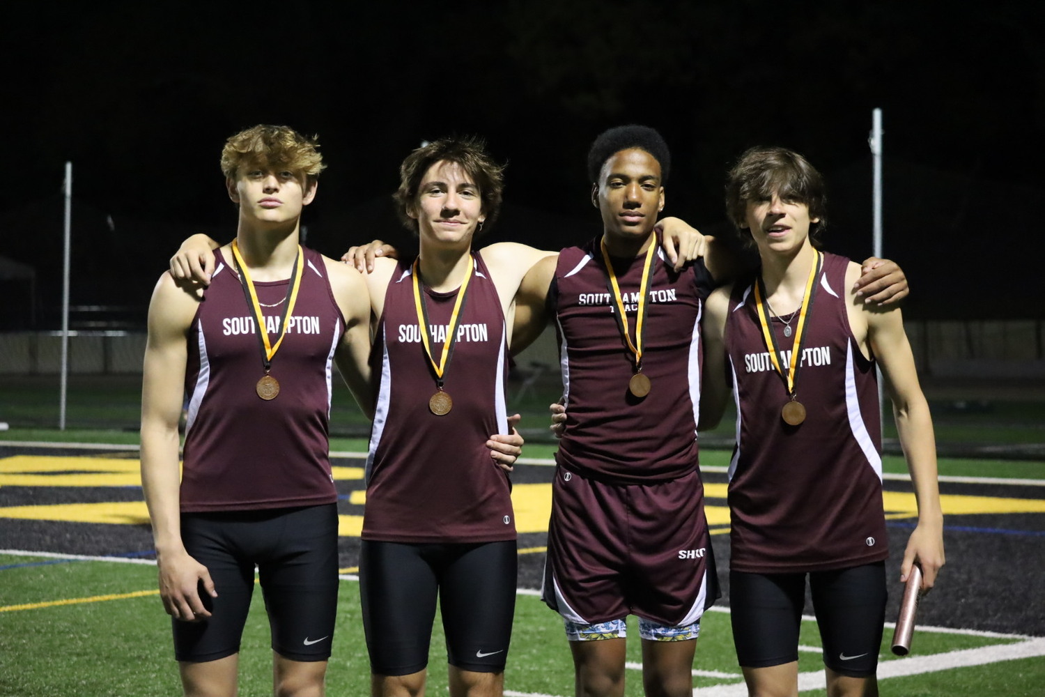 Southampton boys 4x100-meter relay team of Hudson Fox, Jett De Sane, Davon Palmore and Tanner Morro placed sixth at the St. Anthony's Invitational on Saturday.    JAMIE CARLSEN-DE SANE
